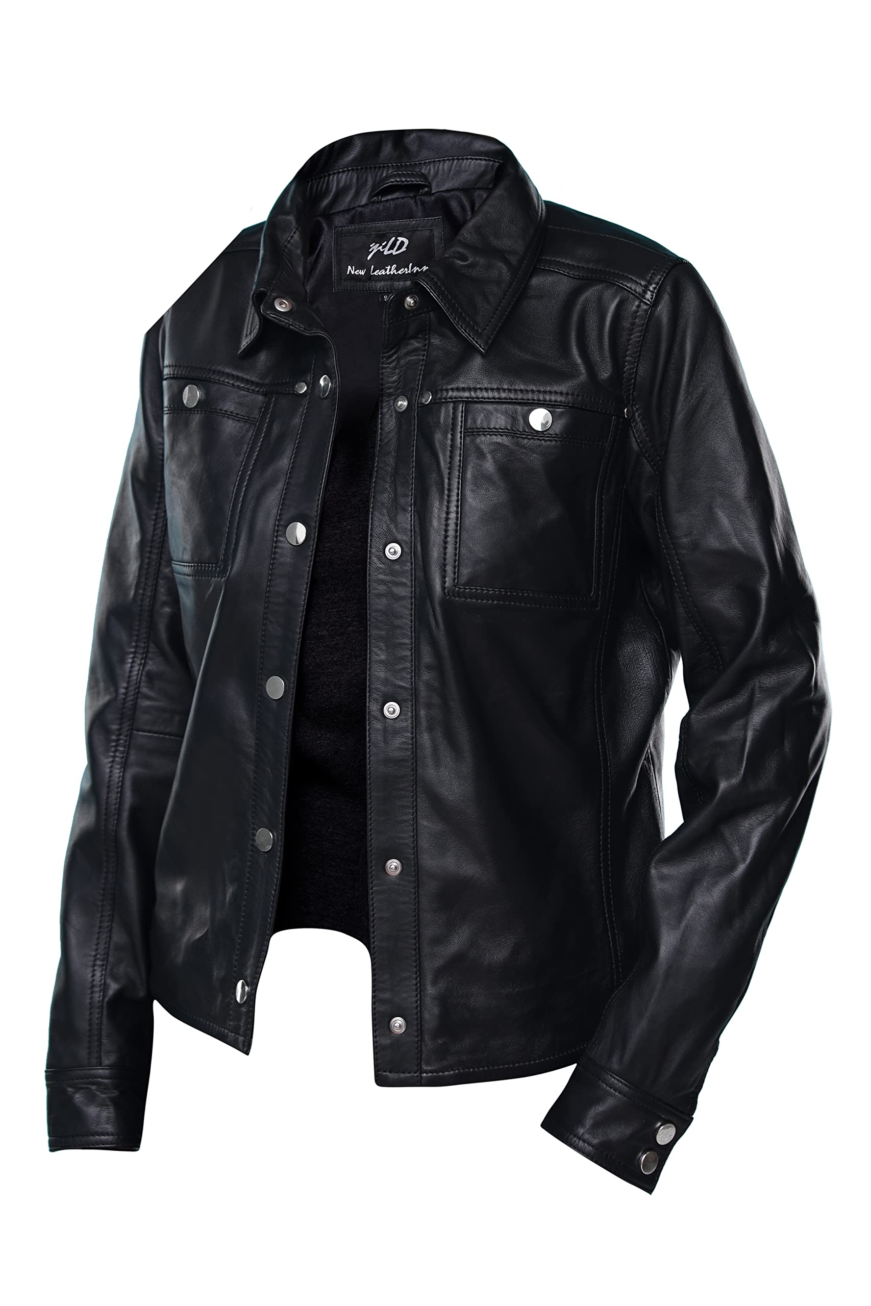 Jild Women's Button Front Lambskin Leather Jacket Shacket - Casual Long Sleeve Shirt Jacket with Bust Pocket for Fall Outfits, Date Nights & Street Style Fashion