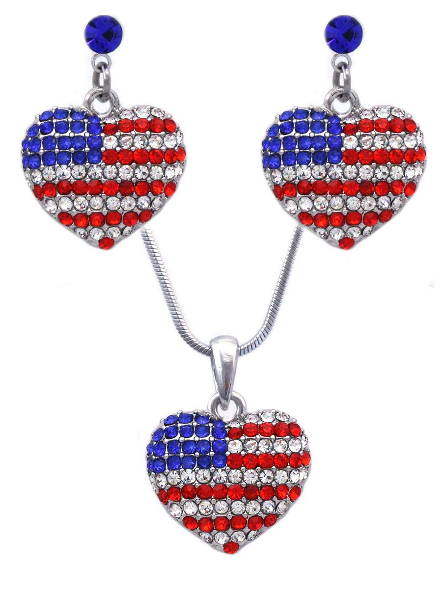 Patriotic USA Flag Heart Earrings - Red, White & Blue Jewelry Set with Royal Blue Dots | Perfect for 4th of July, Memorial Day & Independence Day Celebrations