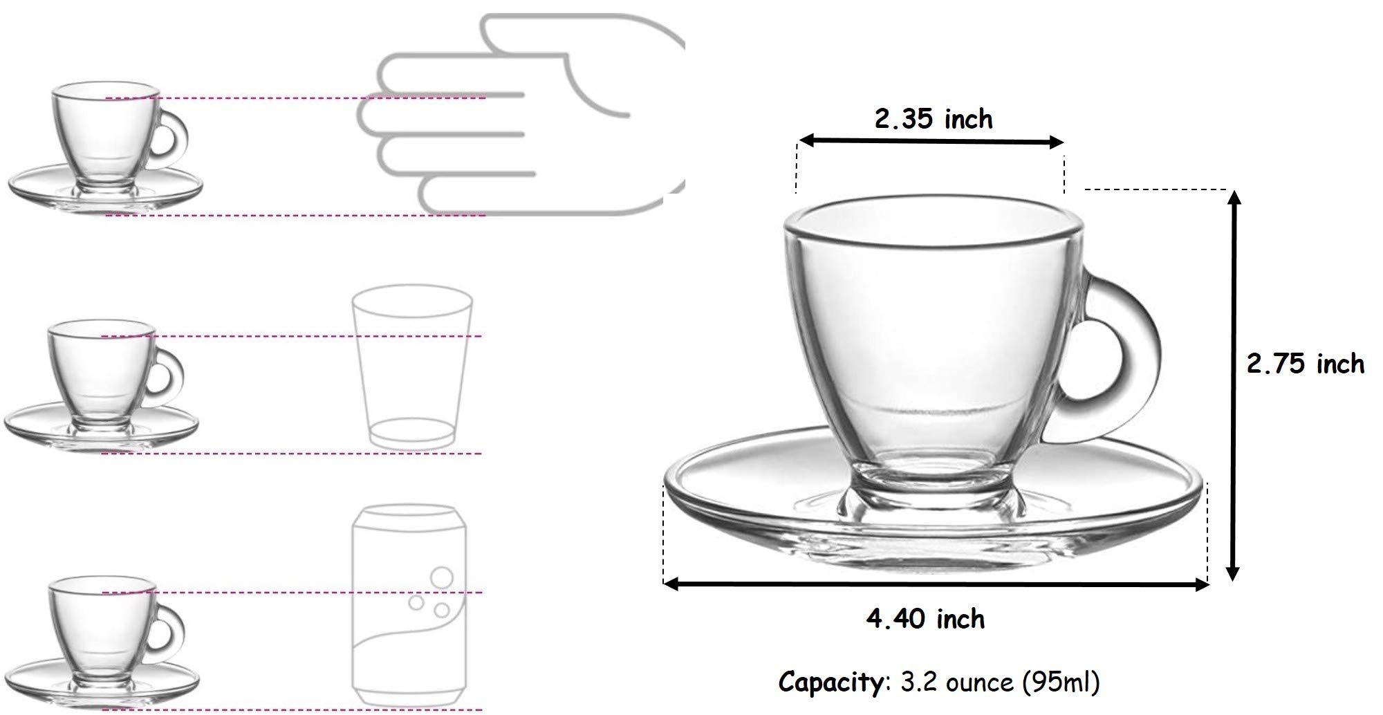 Premium Clear Glass Espresso Cups Set - 3.2 oz Demitasse with Saucers & Stainless Steel Spoons (6-Piece) - Perfect for Italian Coffee, After-Dinner Drinks & Elegant Entertaining