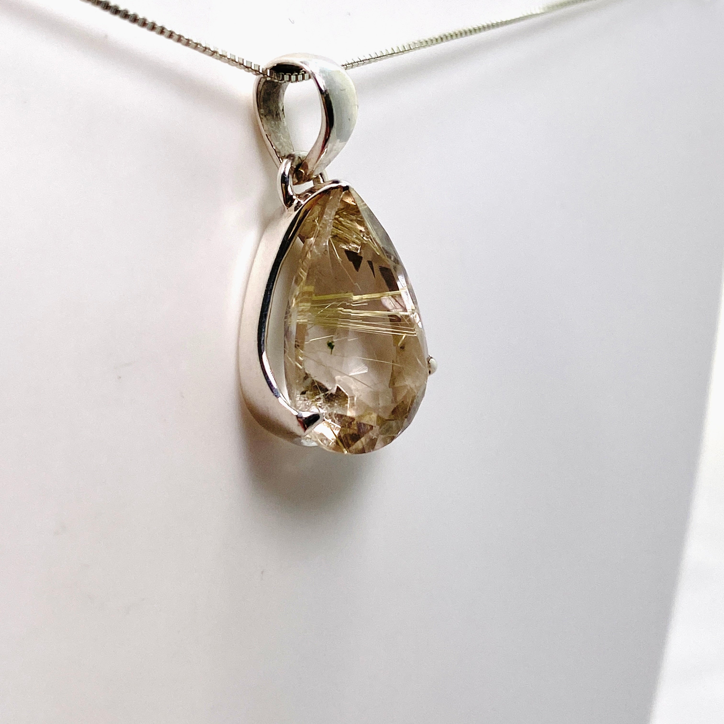 Rutilated Quartz Teardrop Faceted Pendant Necklace PPGJ841 - Elegant Crystal Jewelry for Women, Perfect for Gifts & Special Occasions