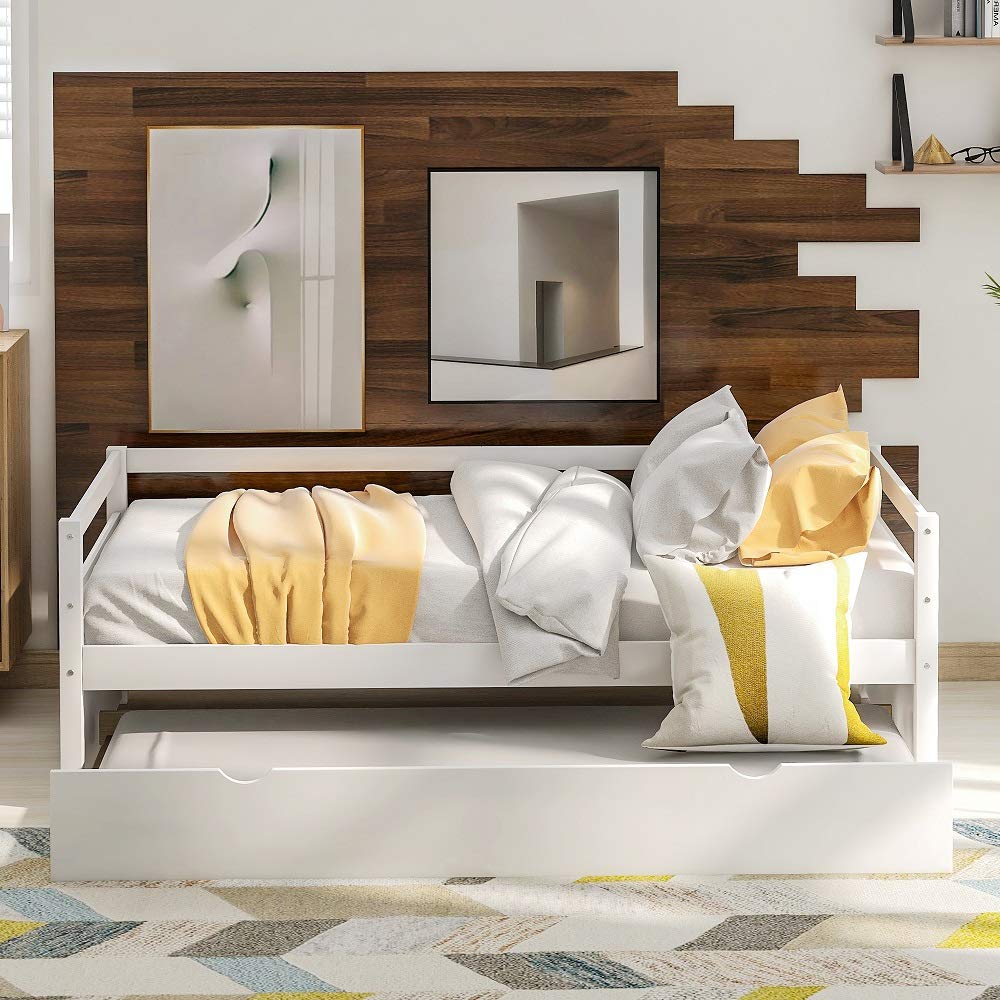 Rhomtree Twin Size Daybed with Trundle - Solid Wood Platform Bed Frame, Convertible Futon Sofa Bed for Guest Room, Dorm & Small Spaces (White) | Perfect for Sleepovers, Studio Apartments & Multi-Purpose Furniture