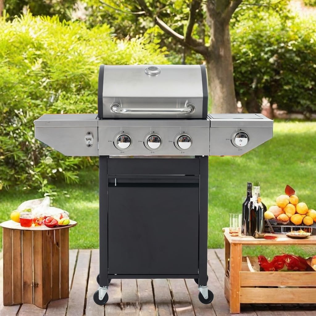 3-Burner Stainless Steel Propane Gas Grill - 37,150 BTU Portable BBQ Grill with Wheels for Backyard, Patio & Camping | Outdoor Cooking, Tailgating & Picnics
