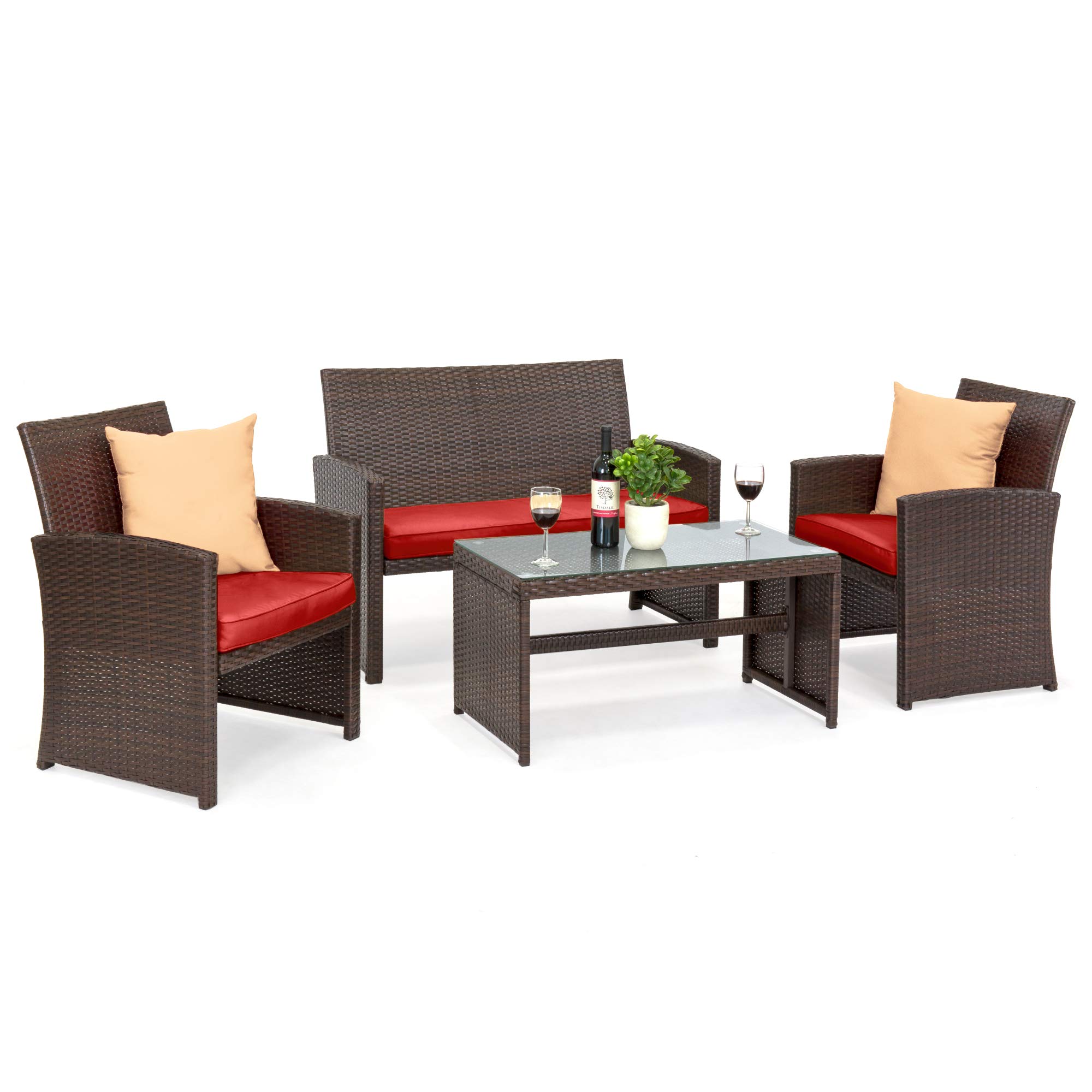 Best Choice Products 4-Piece Outdoor Wicker Patio Conversation Set with Coffee Table & Cushions - Brown/Red - Perfect for Backyard, Garden, and Poolside Relaxation