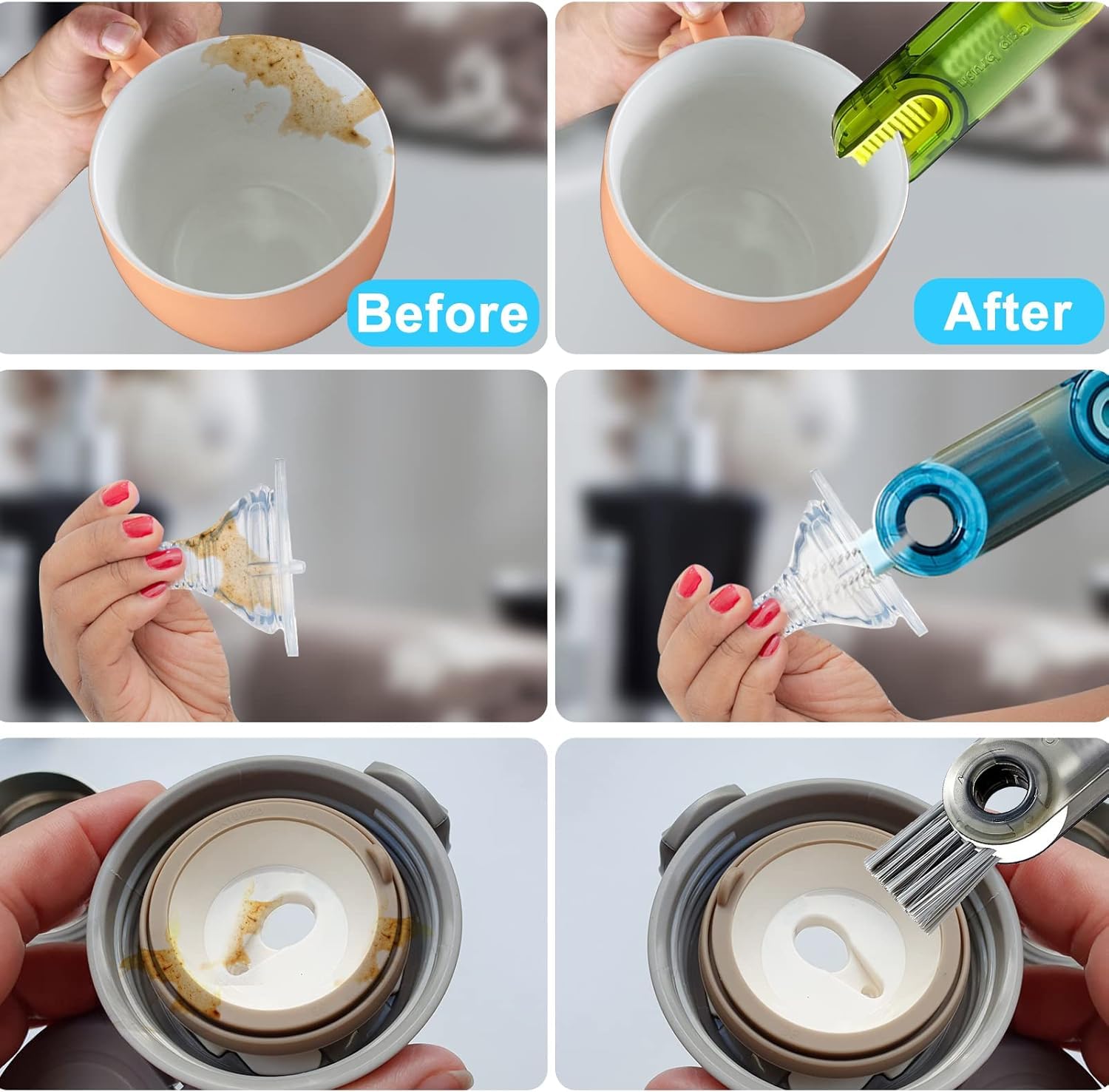 QUGAQULI 3-in-1 Multi-Purpose Cleaning Brush Set - Reusable Cup Cleaner, Bottle Brush & Straw Cleaner for Kitchen, Travel & Baby Bottles | Perfect for Teacups, Water Bottles & Hard-to-Reach Areas | Essential Home Cleaning Gadgets