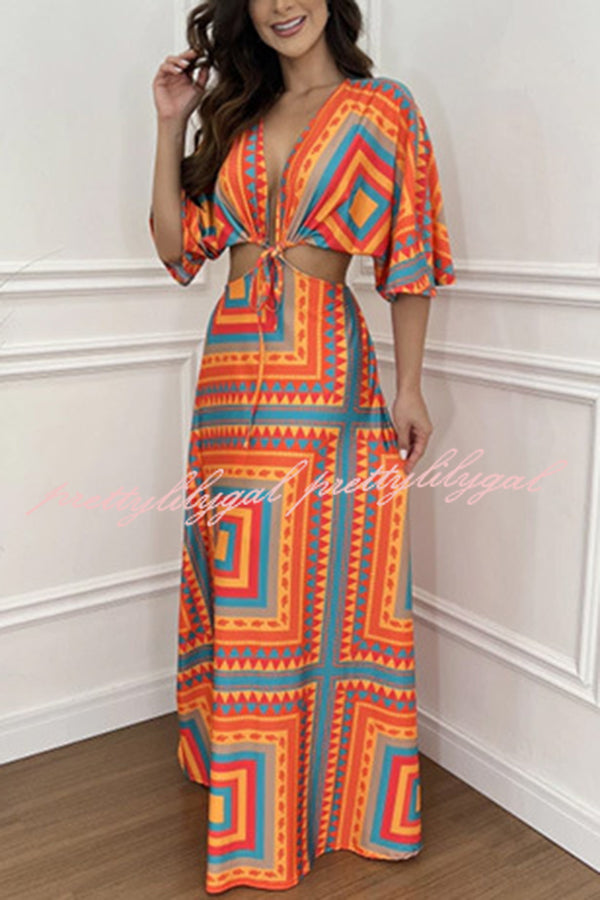 Wilma Unique Print Cutout Elastic Waist Tie Up Kimono Sleeve Maxi Dress - Women's Flowy Summer Beach Cover Up Dress for Vacation, Party & Boho Fashion