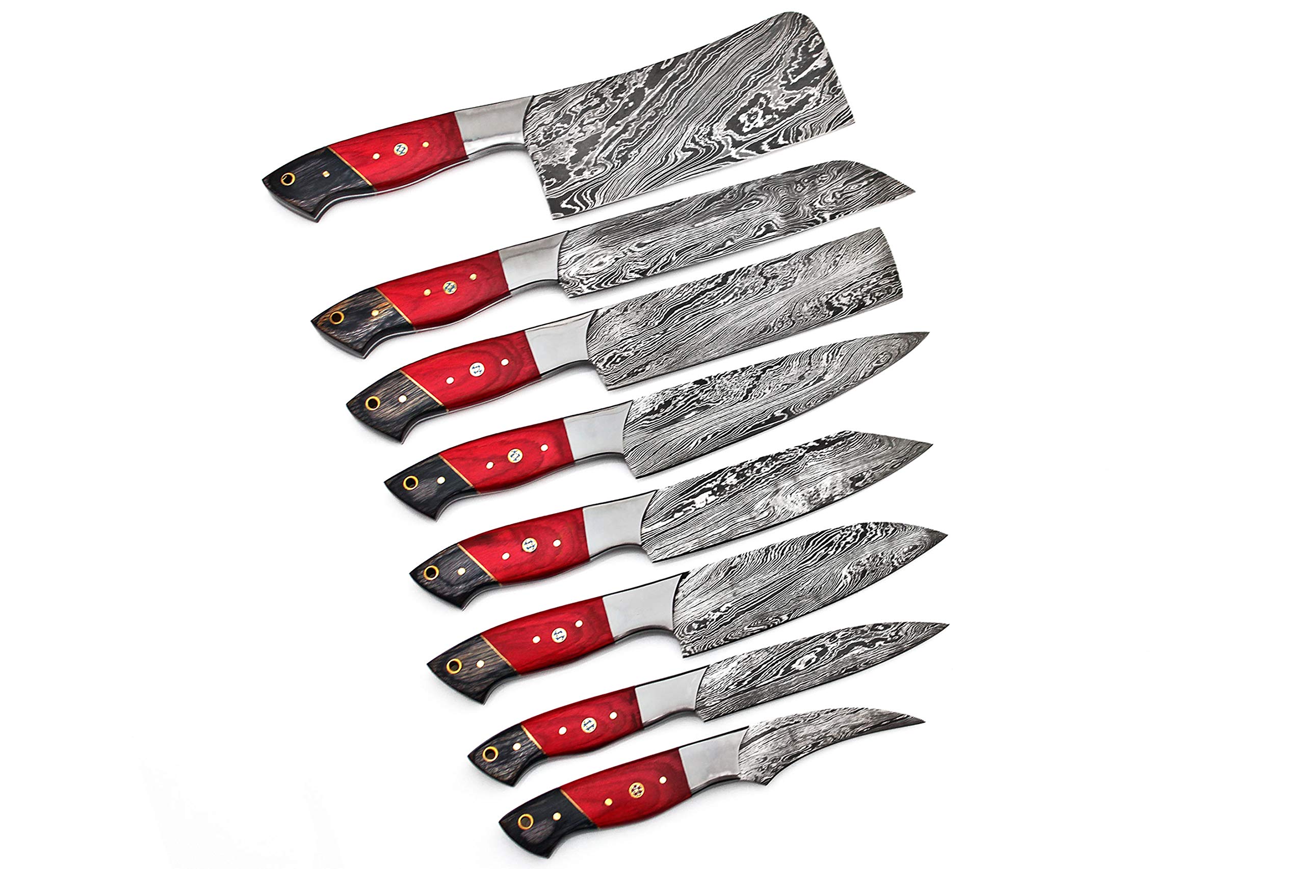Premium Damascus Steel Kitchen Knife Set 8-Piece FBK-1027 - Handcrafted Chef Knives with Red & Black Wood Handle - Perfect for Home Cooking, Professional Chefs & Gift Giving