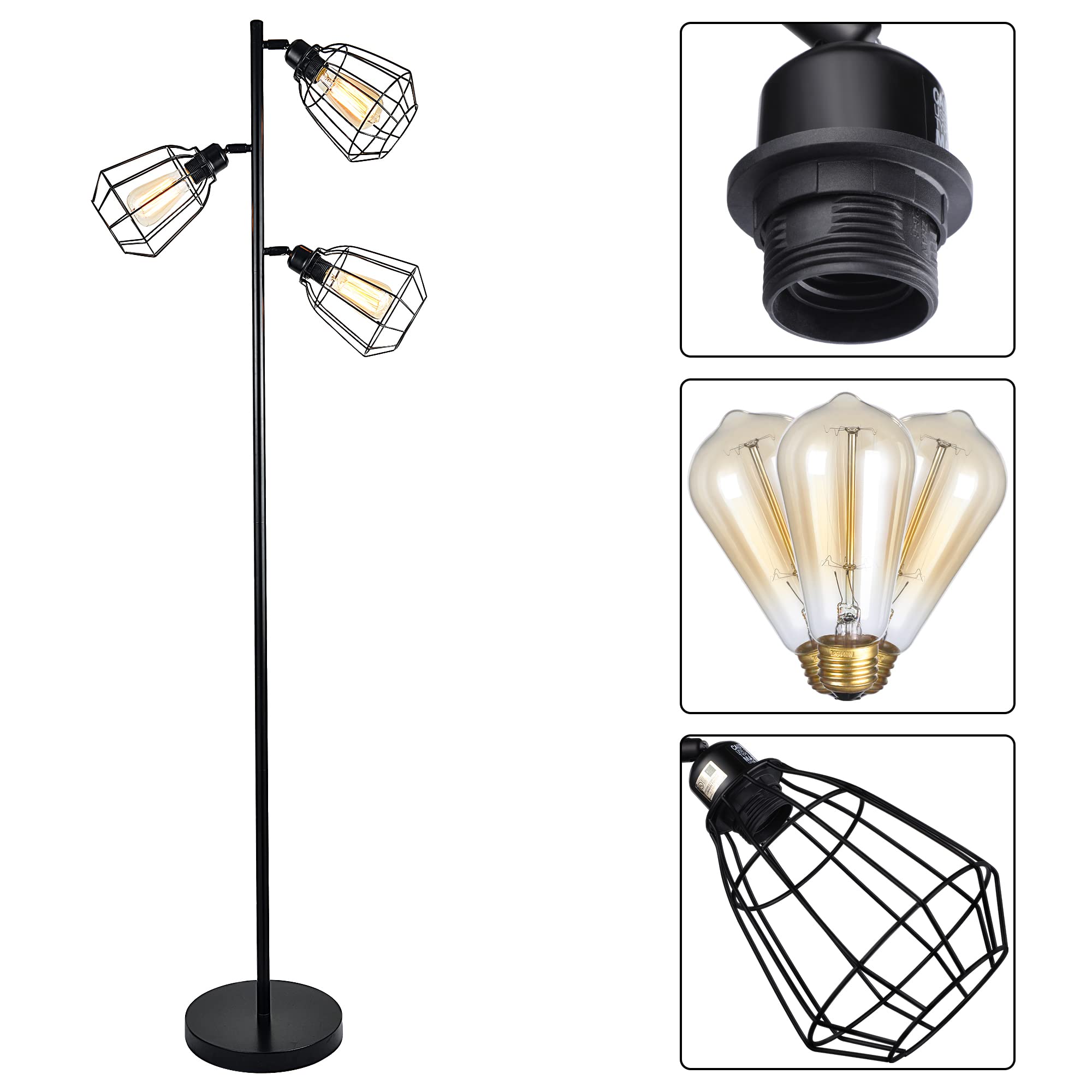 LEONLITE Adjustable 3-Light Industrial Floor Lamp with Black Cage - ETL Certified, Includes E26 Bulbs - Farmhouse Standing Light for Bedroom, Living Room, Office - Perfect for Reading Nook, Home Office Lighting & Cozy Living Spaces