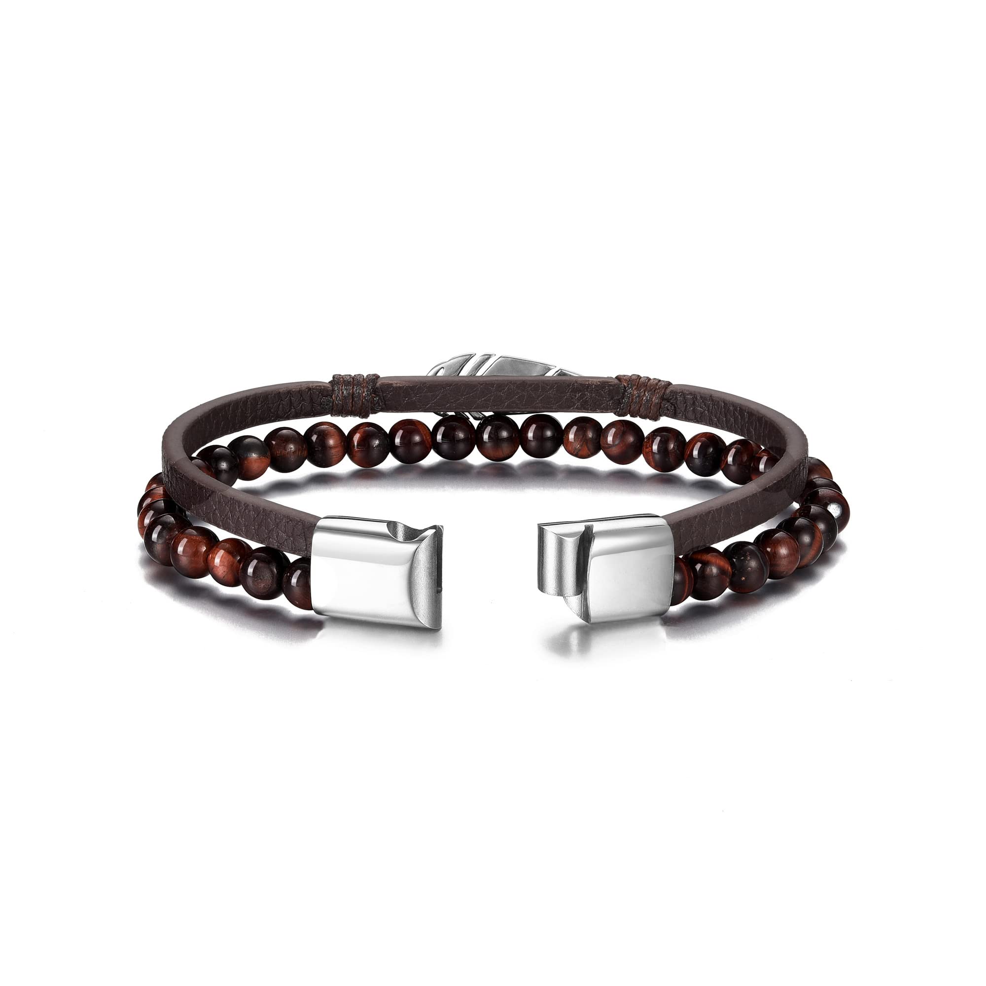 Double Layer Leather Beads Bracelet for Men - Tiger Eye & Lava Rock Stone Bracelet with Stainless Steel Magnetic Clasp - Anxiety & Stress Relief Jewelry - Perfect for Meditation, Yoga, and Everyday Wear
