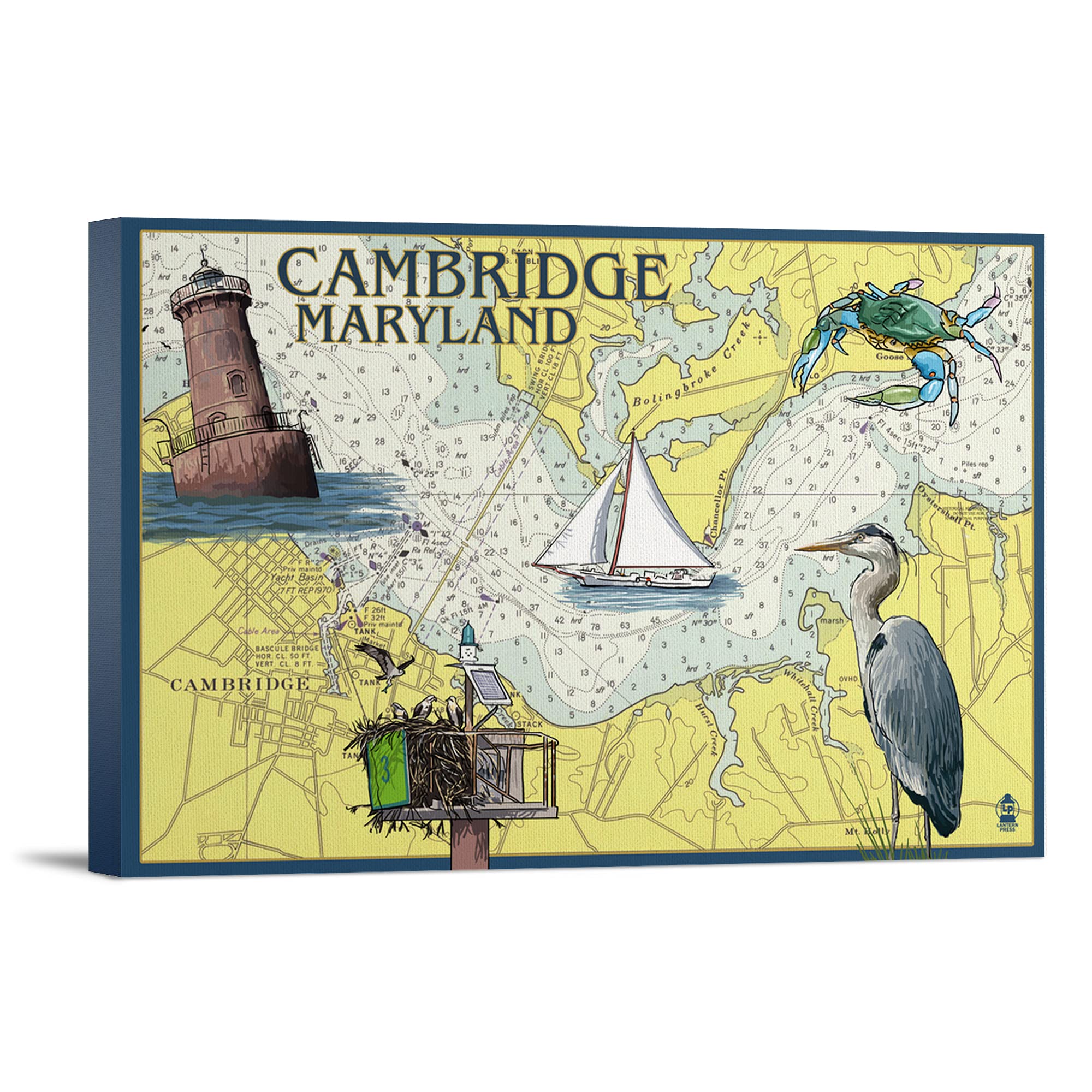 Lantern Press Cambridge Maryland Nautical Chart Wall Art - 16x24 Wrapped Canvas Print for Coastal & Beach House Decor - Perfect for Living Room, Office or Nautical Themed Interior Design