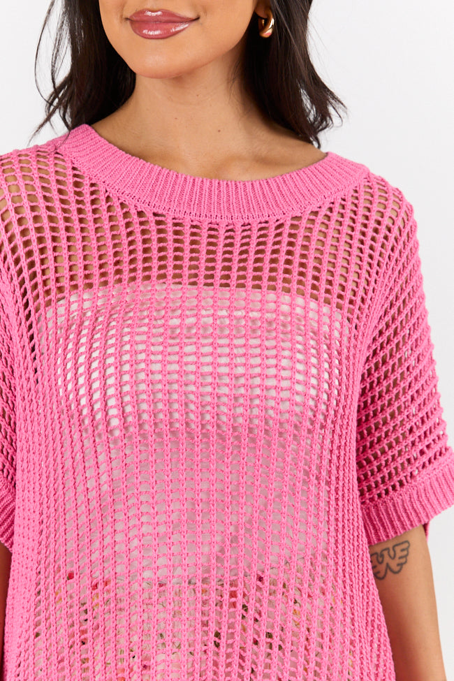 Wave Of Relief Pink Short Sleeve Open Knit Cover Up Sweater - Lightweight Summer Beachwear for Women, Perfect for Poolside, Vacation & Casual Outings