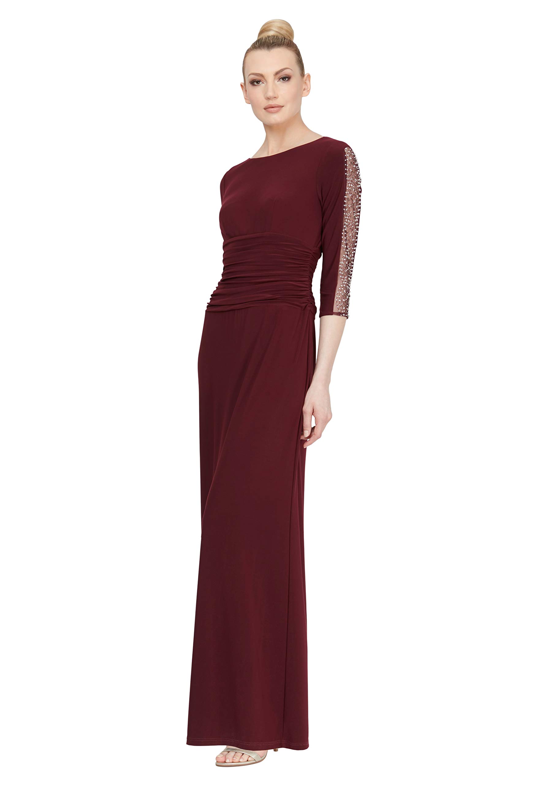 S.L. Fashions Women's Long Ruched Waist Dress with Sleeve Detail - Regular & Petite Sizes - Elegant Bodycon Dress for Party, Wedding & Evening Occasions