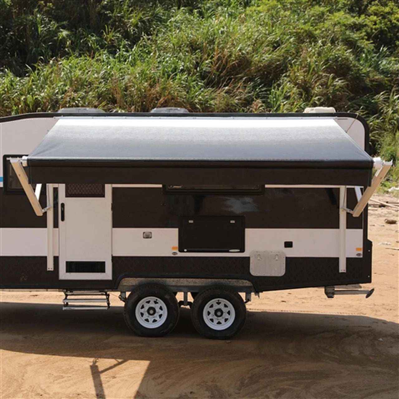 Aleko 8x8 Feet Motorized Retractable RV Awning - White/Black Fade - Perfect for Camping, Outdoor Relaxation & RV Shade Protection