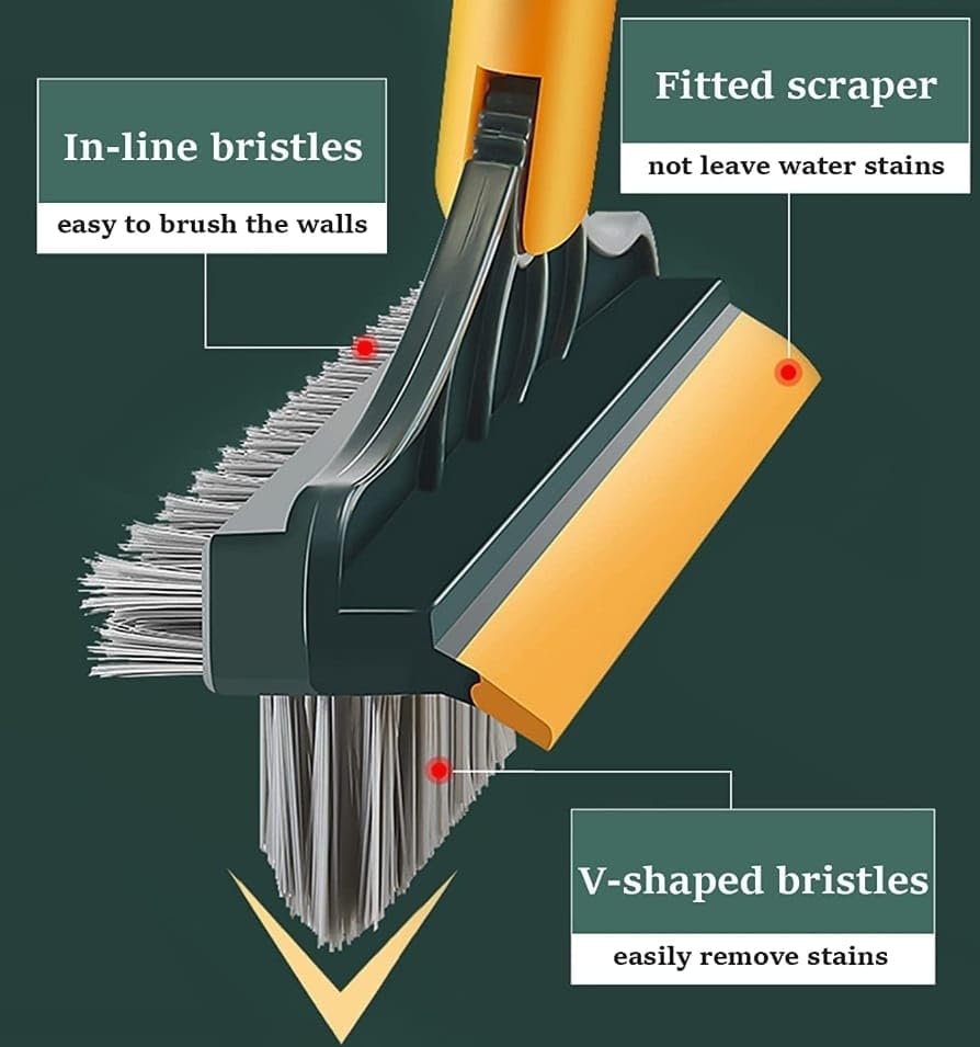 3-in-1 Tile Cleaning Brush with Long Handle & 120° Rotating Head - Bathroom Scrubber with Scraper for Shower, Tub, Wall, Deck & Terrace Tile Cleaning - Perfect for Grout, Ceramic & Porcelain Surfaces