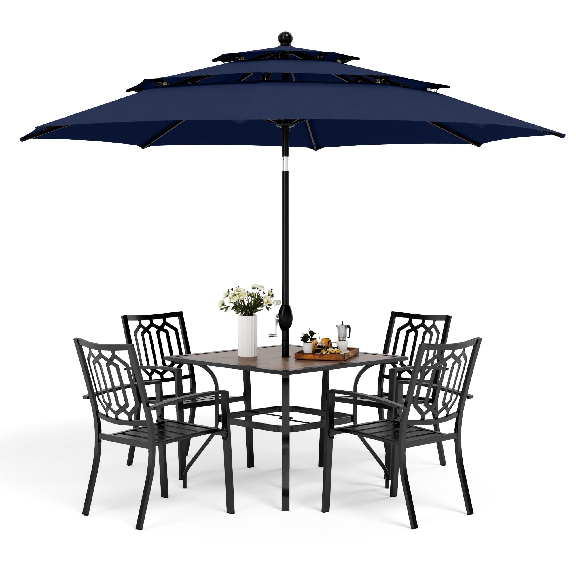 MFSTUDIO 4-Piece Outdoor Patio Dining Set with 10ft Umbrella - Navy Blue Stackable Chairs & Wood-Like Square Table - Perfect for Backyard, Garden, Poolside or Deck Dining (Umbrella Base Sold Separately)