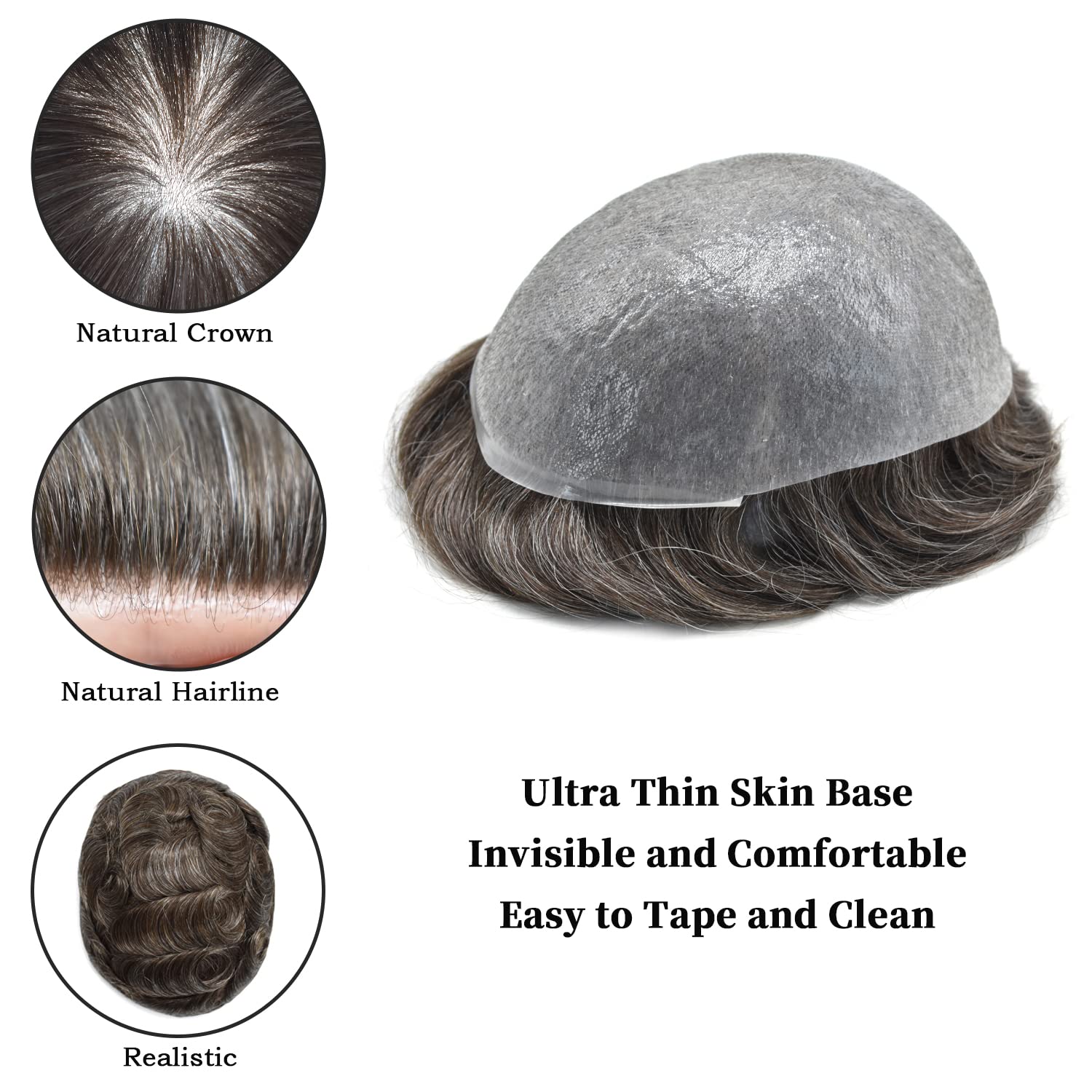 Premium 0.04mm Super Thin Skin Toupee for Men - V-Looped Human Hair Replacement System with 40% Synthetic Grey (Dark Brown #340 3#) - Natural Looking Hairpiece for Daily Wear & Special Occasions