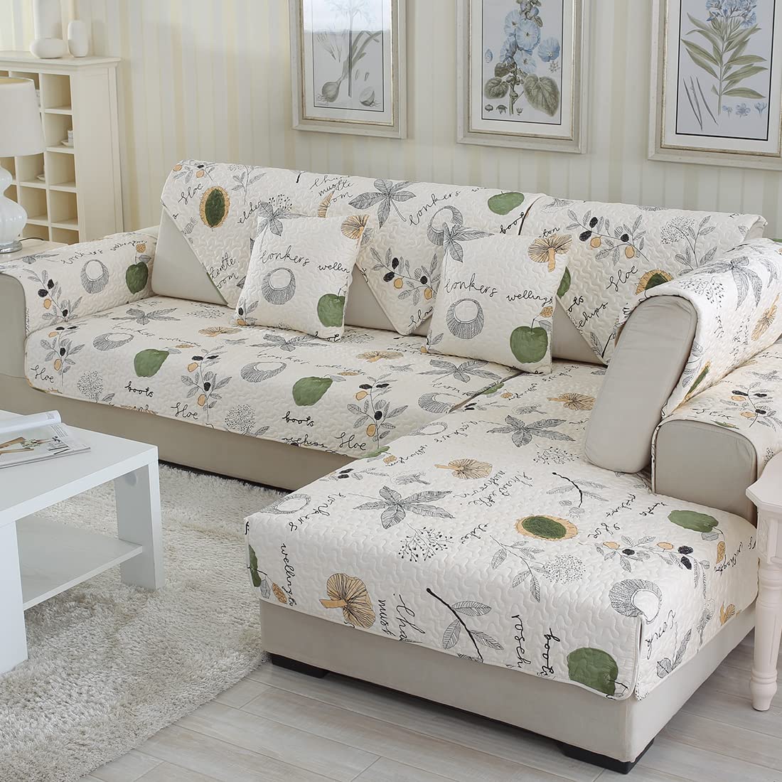 VCTOPS Quilted Cotton Sofa Covers - Non-Slip Printed Sectional Couch Slipcover for Pets, Dogs & Cats - Soft L-Shaped Recliner Cover with Armrest & Backrest (Mushroom, 36