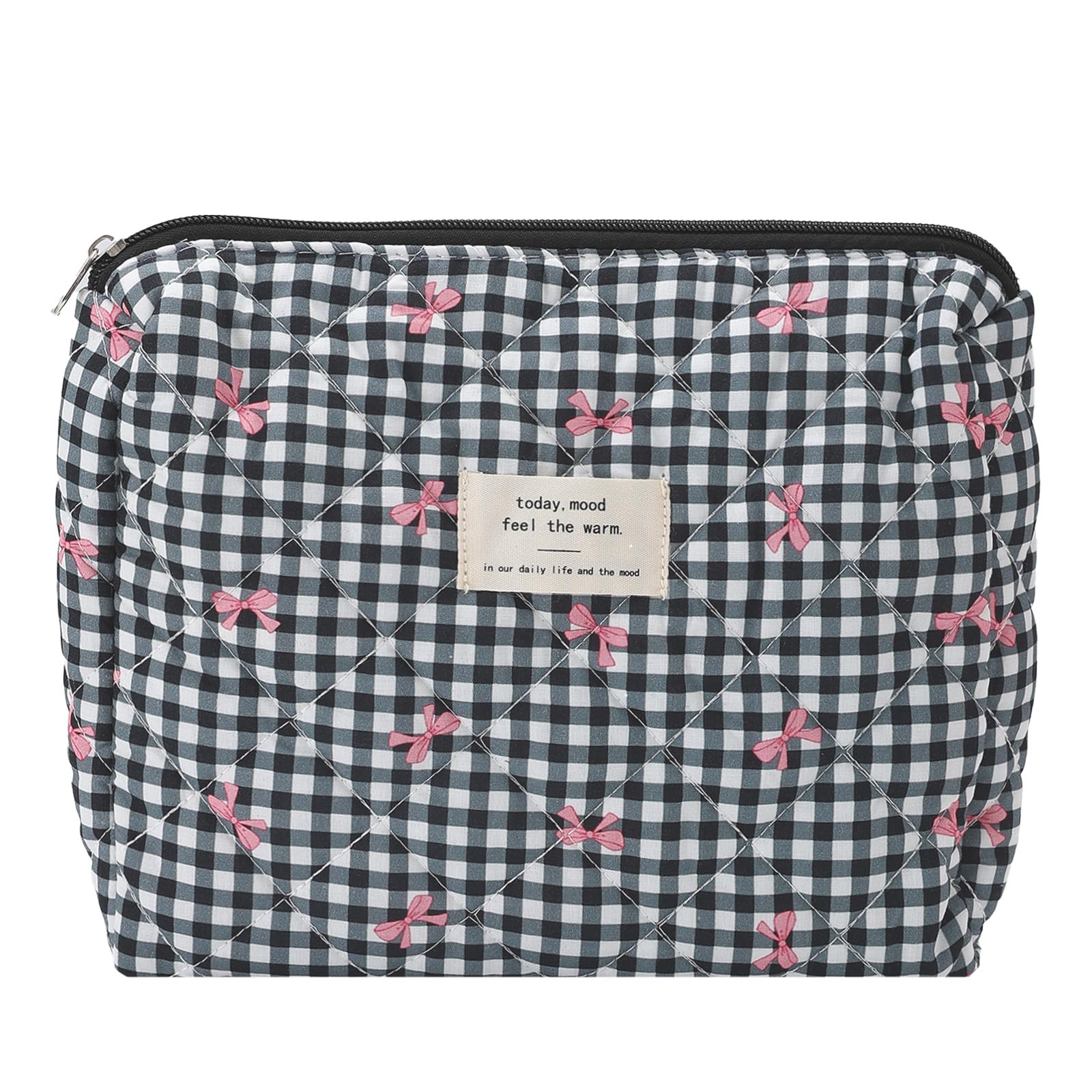 LYDZTION Quilted Makeup Bag for Women & Girls - Coquette Bow Cosmetic Pouch, Cotton Travel Toiletry Organizer with Zipper, Portable Versatile Storage Bag (Black) - Perfect for Travel, Gym, Daily Essentials & Gift Giving