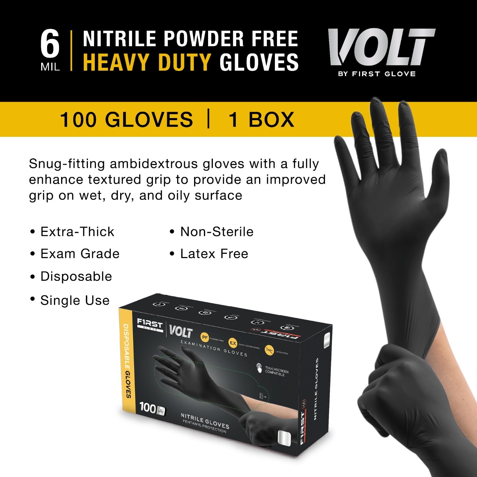 Volt X-Large 1000 Count 6 Mil Black Nitrile Disposable Gloves - Food Safe, Latex Free, Textured Grip for Cleaning, Medical & Food Handling | Bulk Pack for Restaurants, Healthcare & Industrial Use