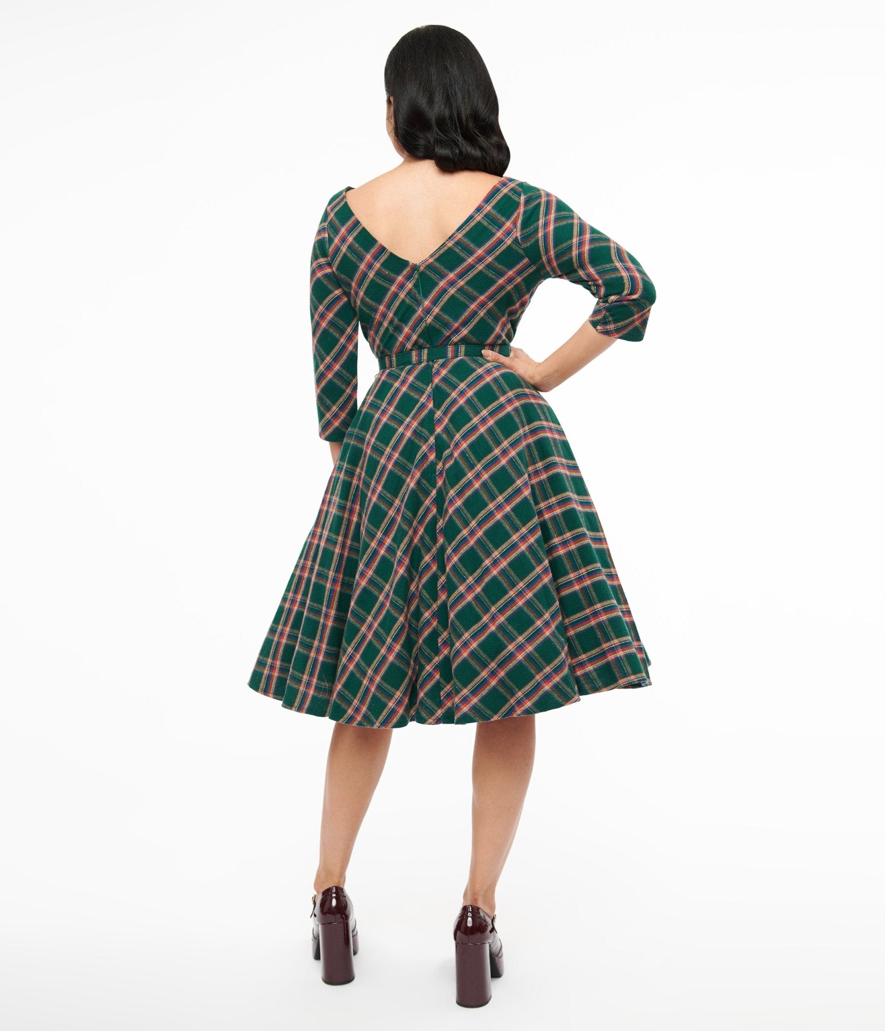 Vintage 1950s Green & Tan Plaid Devon Swing Dress - Retro A-Line Tea Length Dress for Women - Perfect for Cocktail Parties, Vintage Weddings & 50s Themed Events