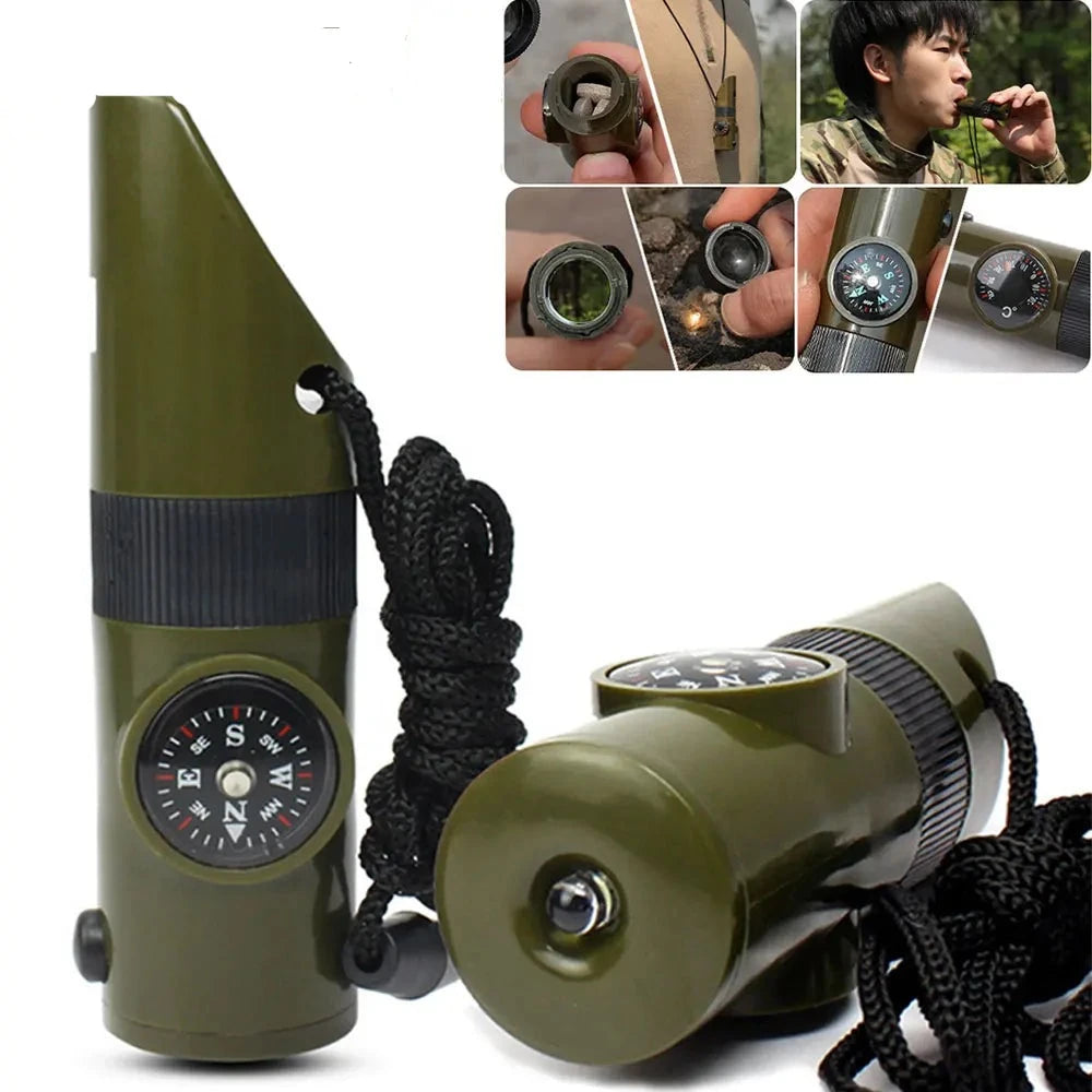 7 in 1 Emergency Survival Whistle - Outdoor Multifunctional Safety Tool with Compass, Thermometer & Fire Starter for Camping, Hiking & Survival Kits