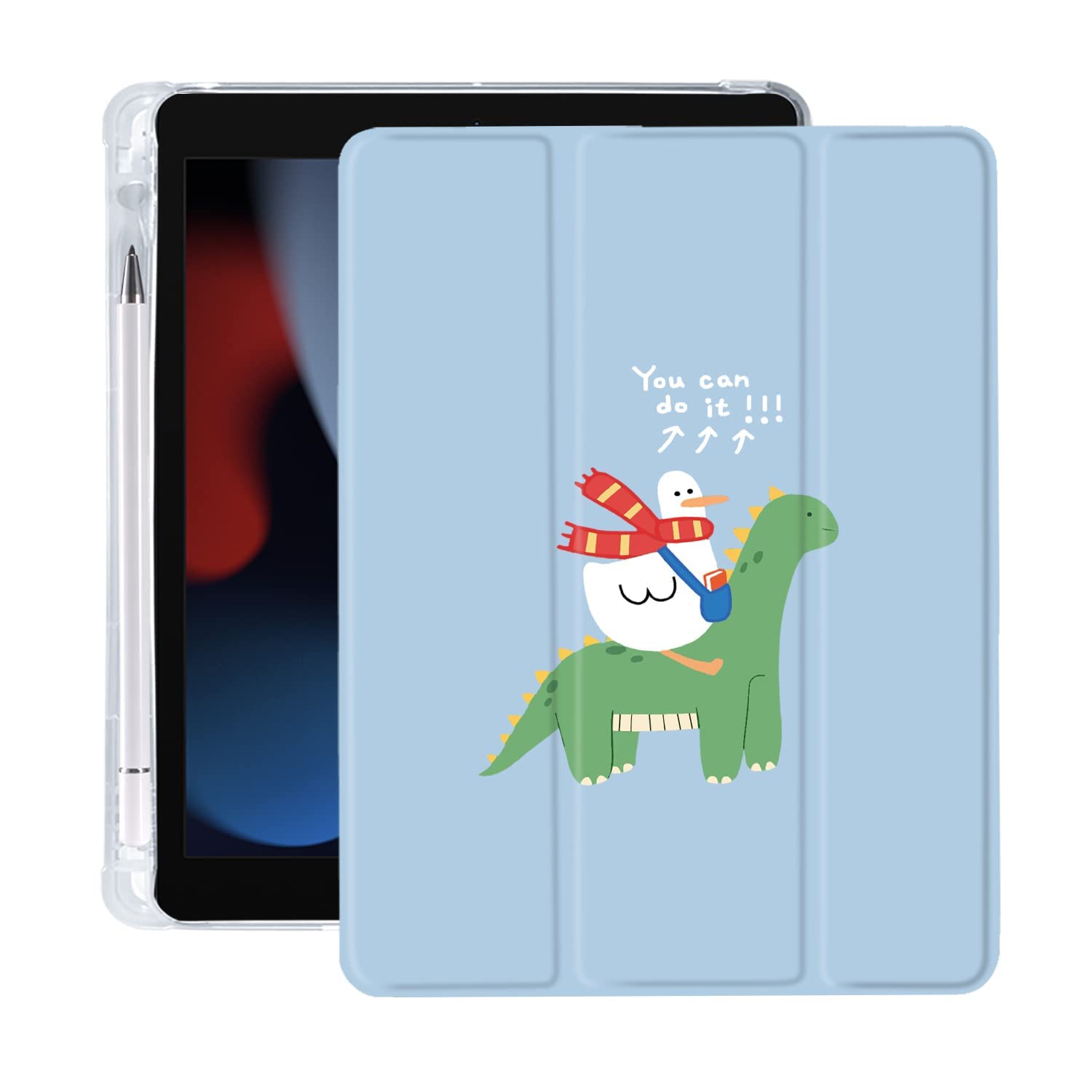 Cartoon Duck Dinosaur iPad Air 3 Case with Pencil Holder - Auto Sleep/Wake Function - Blue Leather & Clear Soft TPU Back Cover for iPad Pro 10.5 Inch (2017 Model) - Perfect for Work, School & Travel Protection