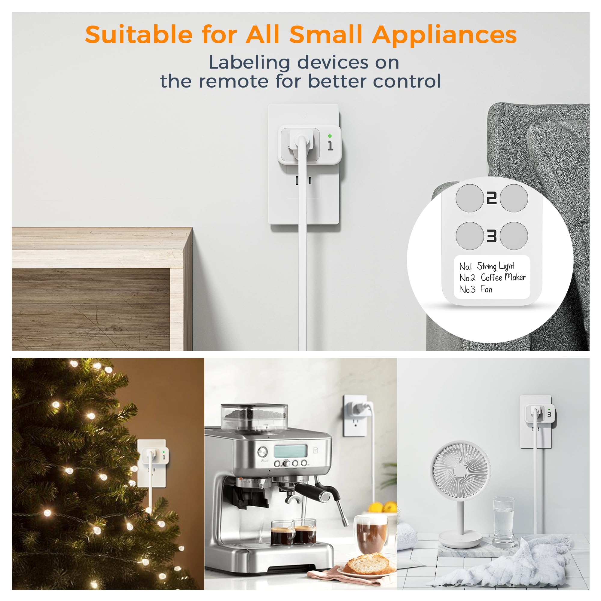 TESSAN Smart Remote Control Outlet - Wireless Light Switch for Indoor String Lights, Lamps & Small Appliances | 100ft Range | 1 Remote + 3 Outlets | Perfect for Bedroom, Living Room & Holiday Decorations