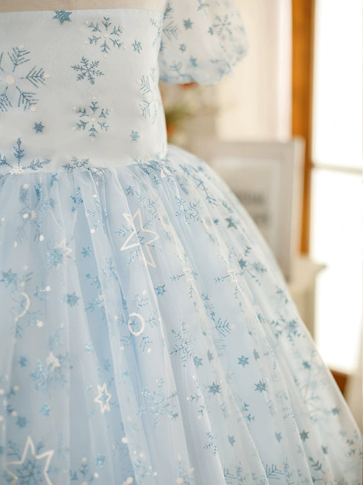 Dusty Blue Princess Square Tea Length Tulle Flower Girl Dress for Weddings & Special Occasions