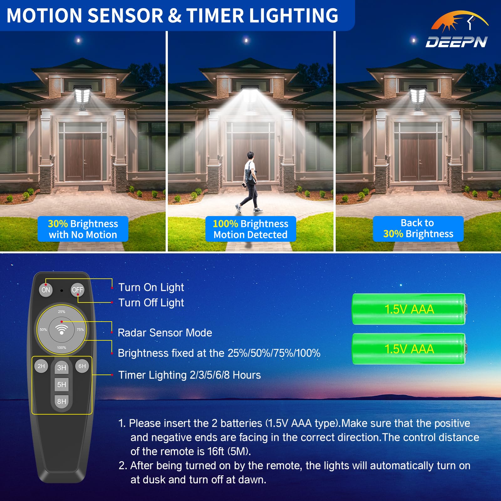 Solar Powered Outdoor Lights - IP66 Waterproof, 6500K Bright White, Dusk to Dawn Security Flood Lights with Motion Sensor & Remote Control - 2 Pack for Yard, Garden, Pathway & Driveway Lighting