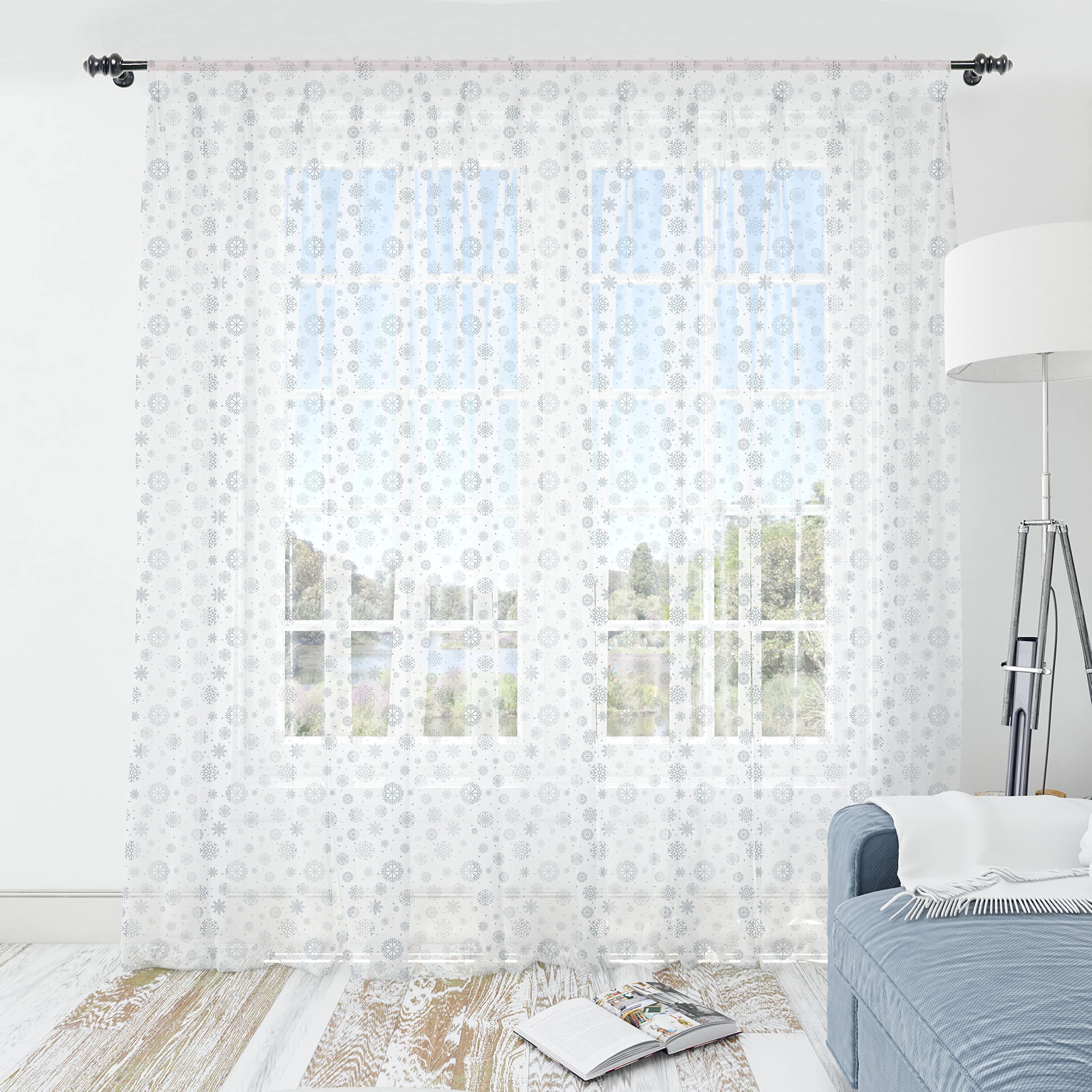 Ambesonne Snowflake Tulle Curtains - Winter Doodle Design Sheer Drapes with Rod Pocket, 108