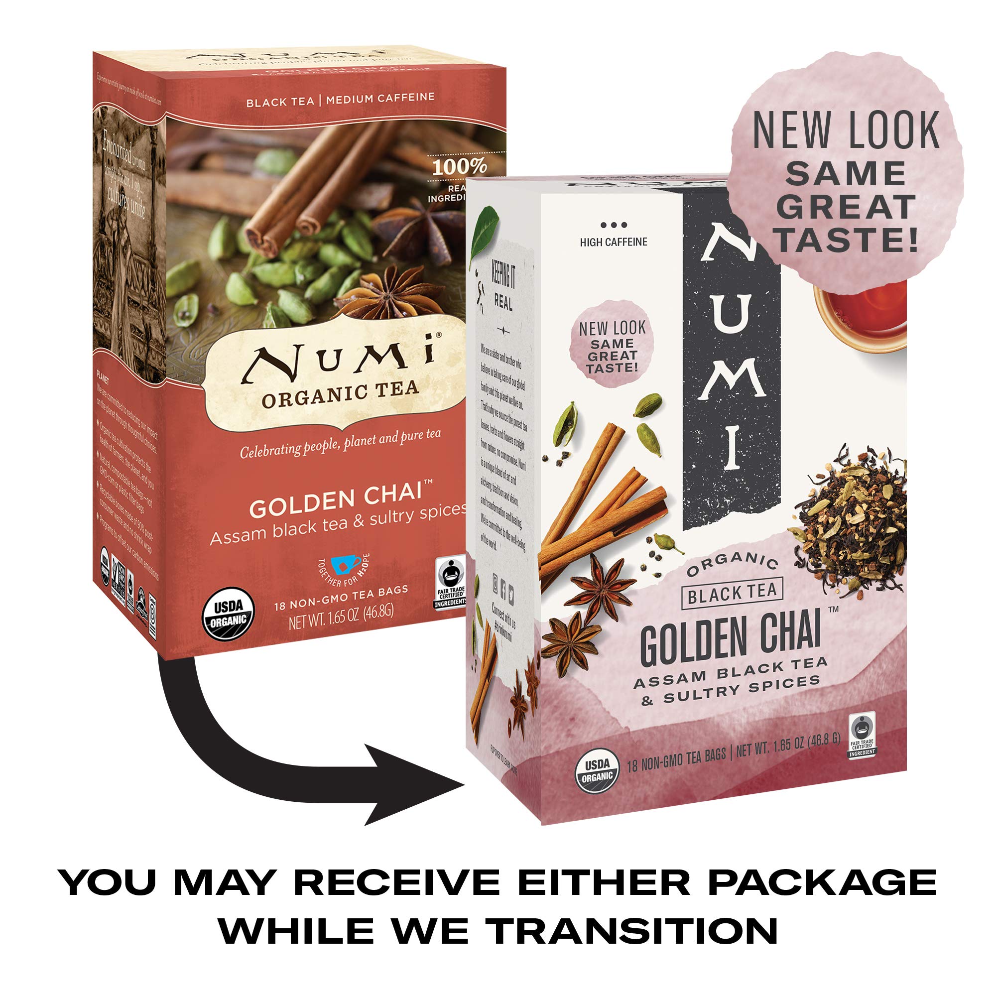 Numi Organic Golden Chai Tea & Rooibos Chai Tea - 18 Tea Bags Each | USDA Certified, Caffeine-Free Herbal Tea | Perfect for Relaxation, Afternoon Tea & Gifts