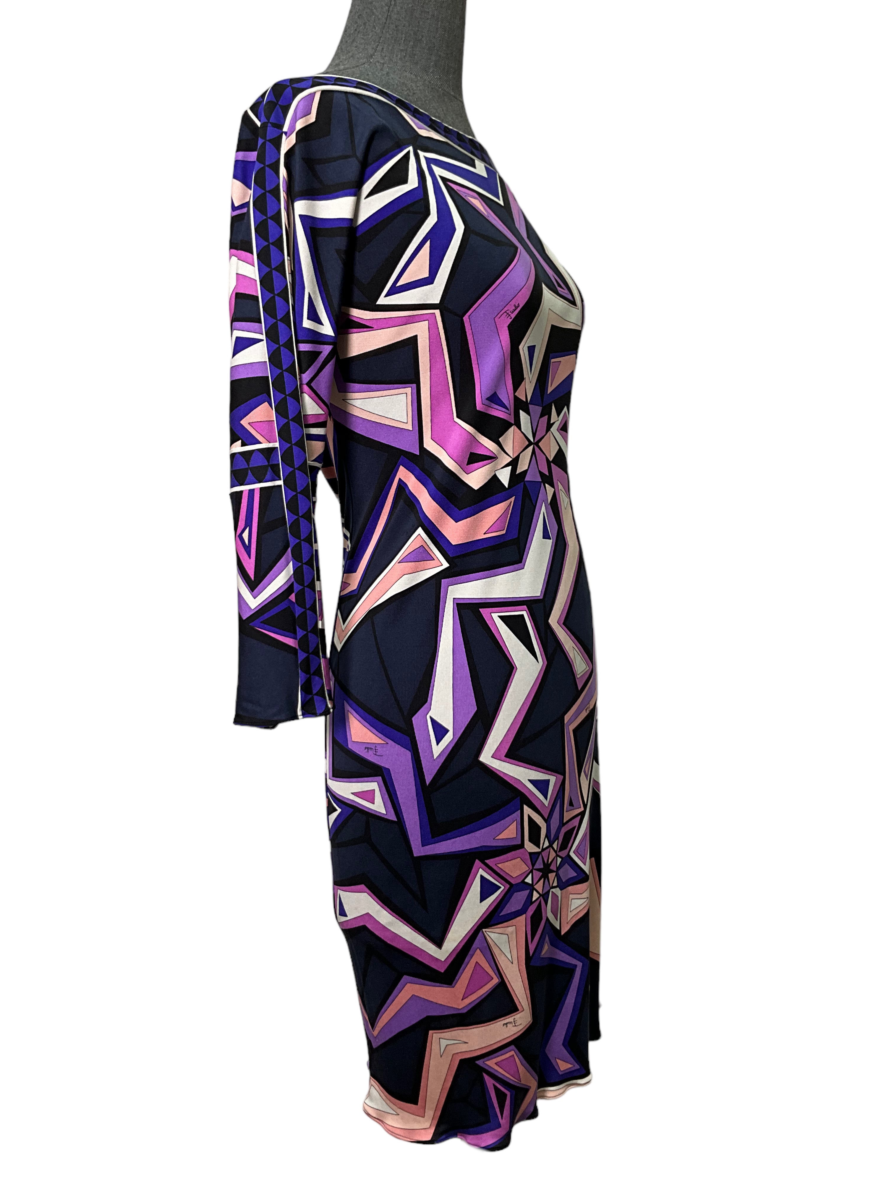 Emilio Pucci Women's 3/4 Sleeve Belted Jersey Dress - Size S, Elegant Floral Print, Stretchy Comfort Fit - Perfect for Cocktail Parties, Date Nights & Special Occasions