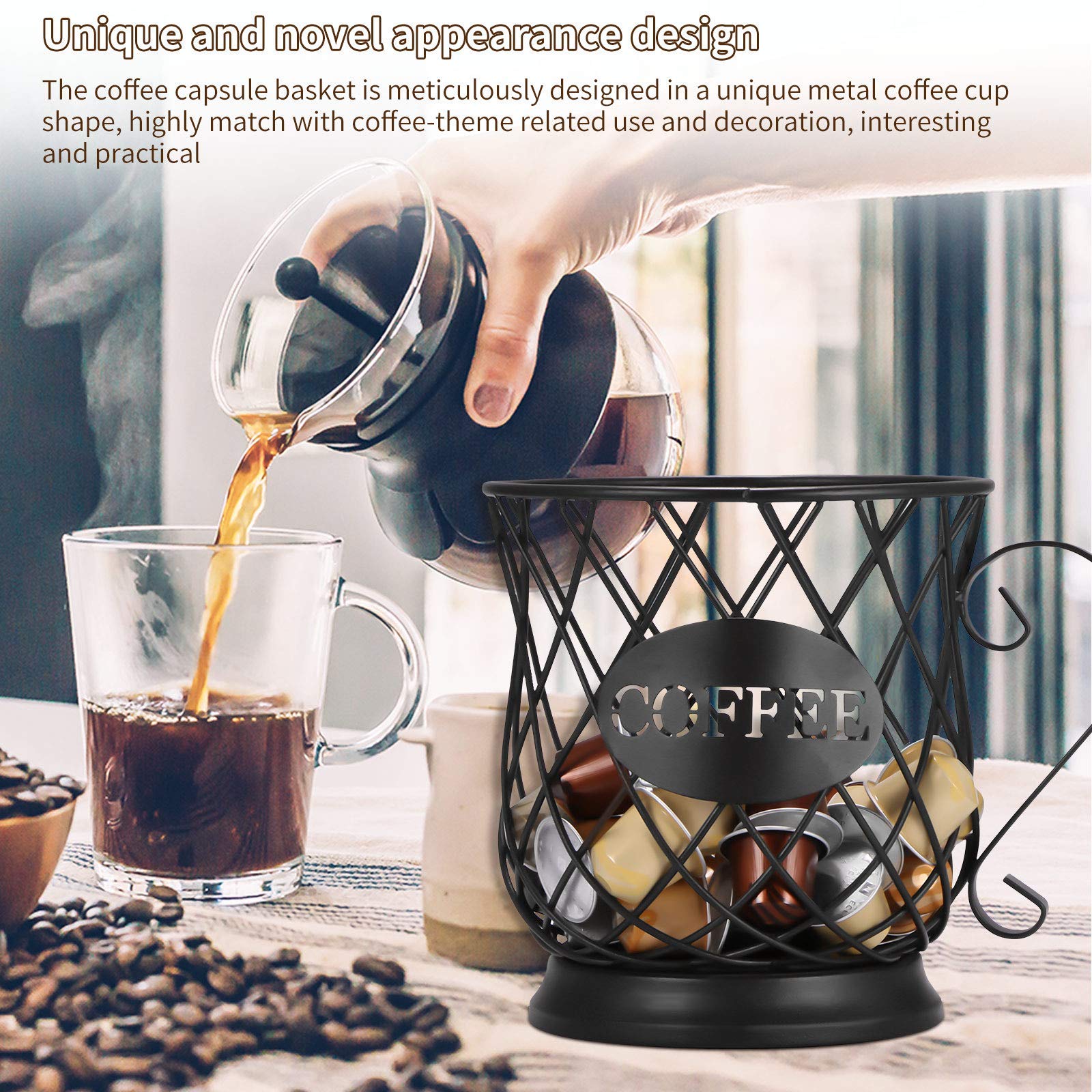 **Black Coffee Pod Holder & Mug Cup Organizer - Coffee Capsule Storage Basket for Keurig, Nespresso - Perfect for Home, Cafe, Hotel & Office Use**