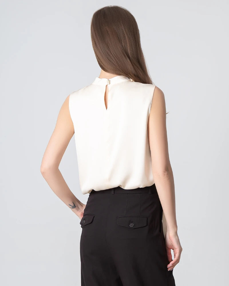 Elegant V-Neck Tie Front Sleeveless Silk Blouse for Women - Perfect for Office Wear, Date Night & Special Occasions
