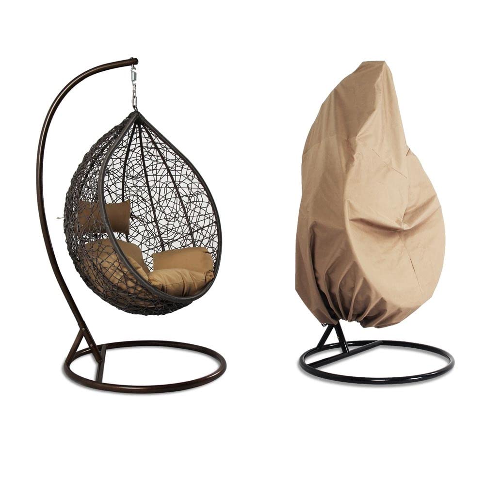 Outdoor Hanging Hammock Swing Chair with Free Cover & Beige Cushion - Porch, Garden, Patio Relaxation Egg Chair for Backyard, Poolside or Balcony