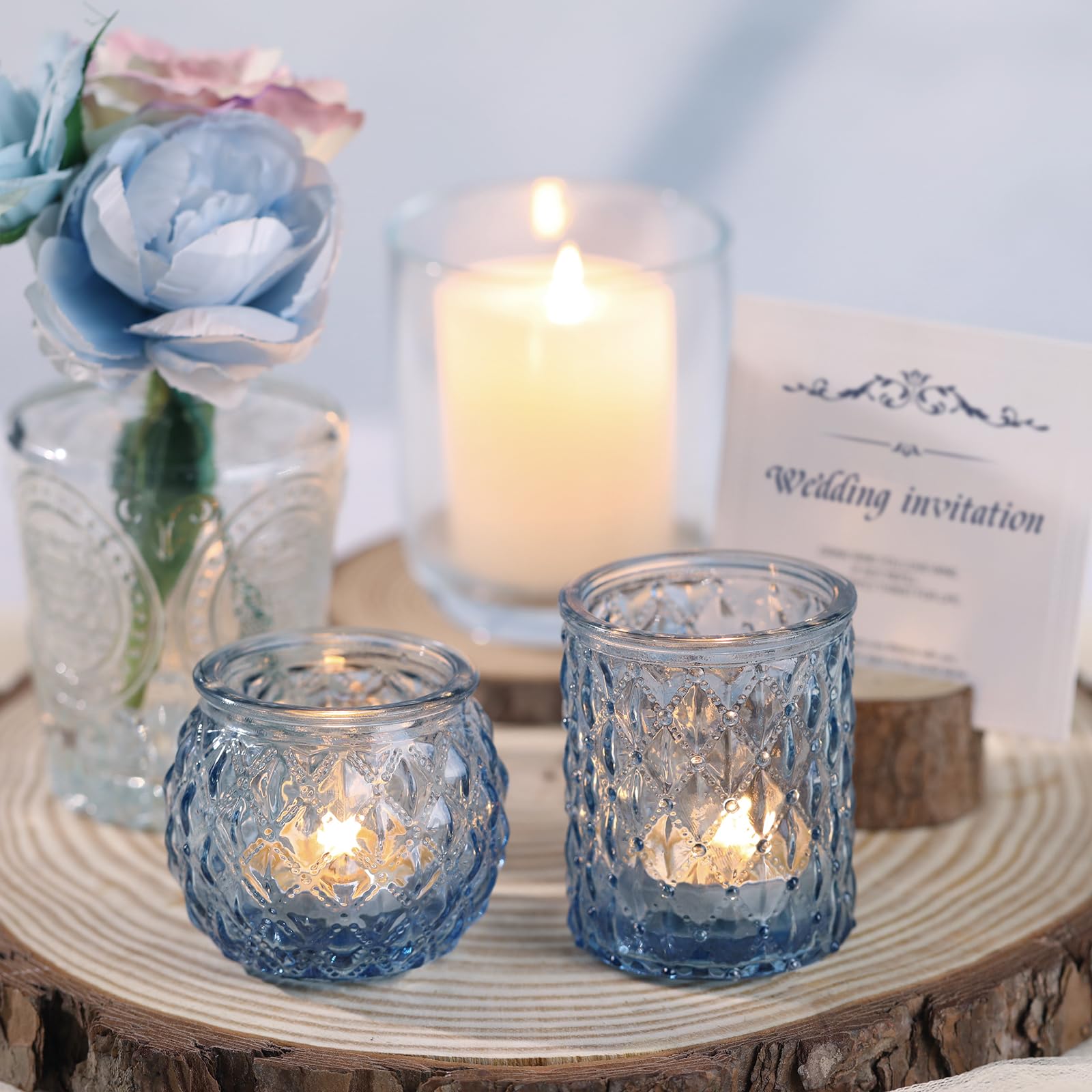 Blue Glass Votive Candle Holders Set of 24 - Bulk Round Tea Light Holders for Wedding, Home Decor, Party & Gifts | Perfect for Centerpieces, Table Settings & Romantic Ambiance