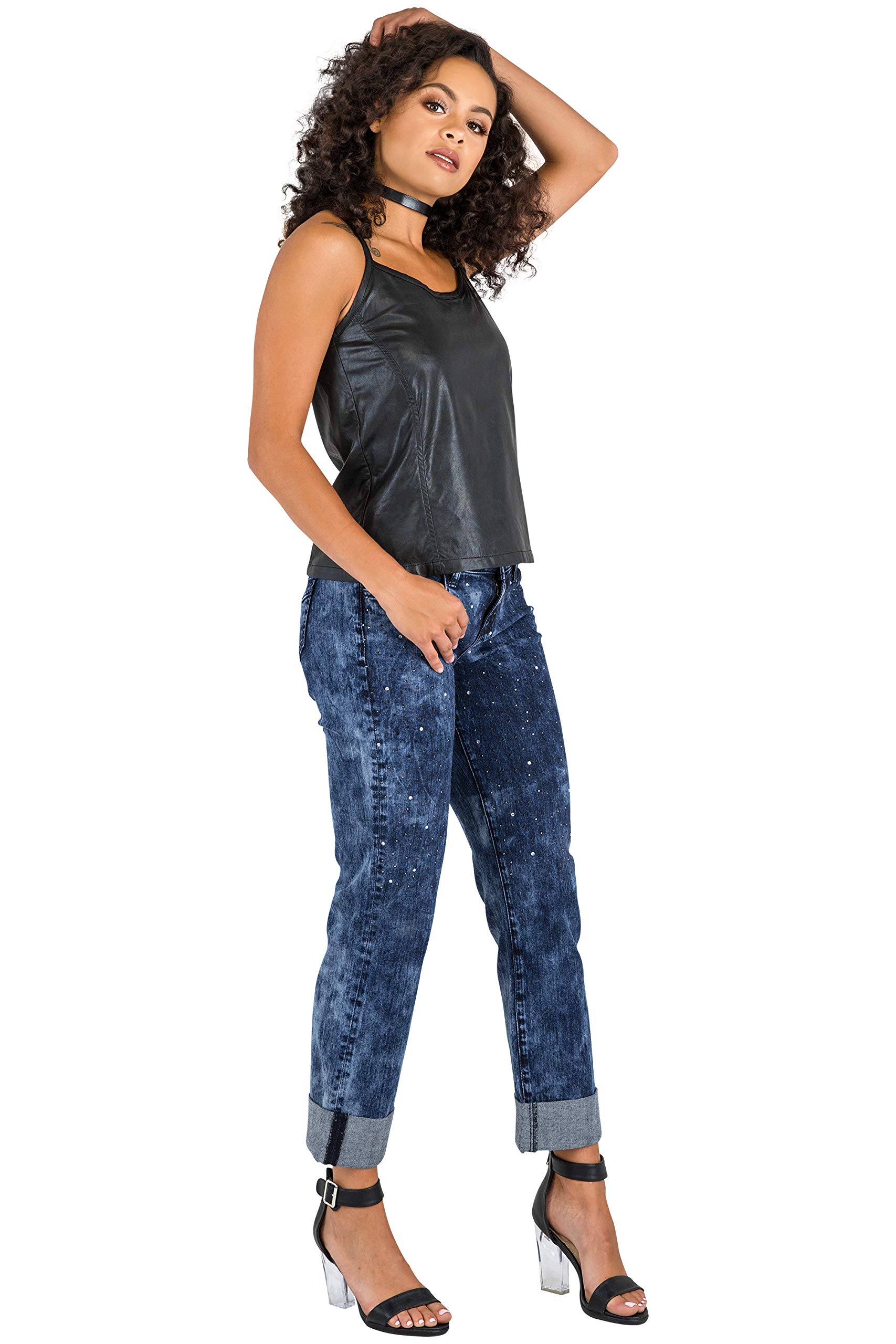 Poetic Justice Women's Curvy Fit Blue Stretch Encrusted Diamond Boyfriend Jeans | High Waist Distressed Denim Pants for Casual Wear & Night Out