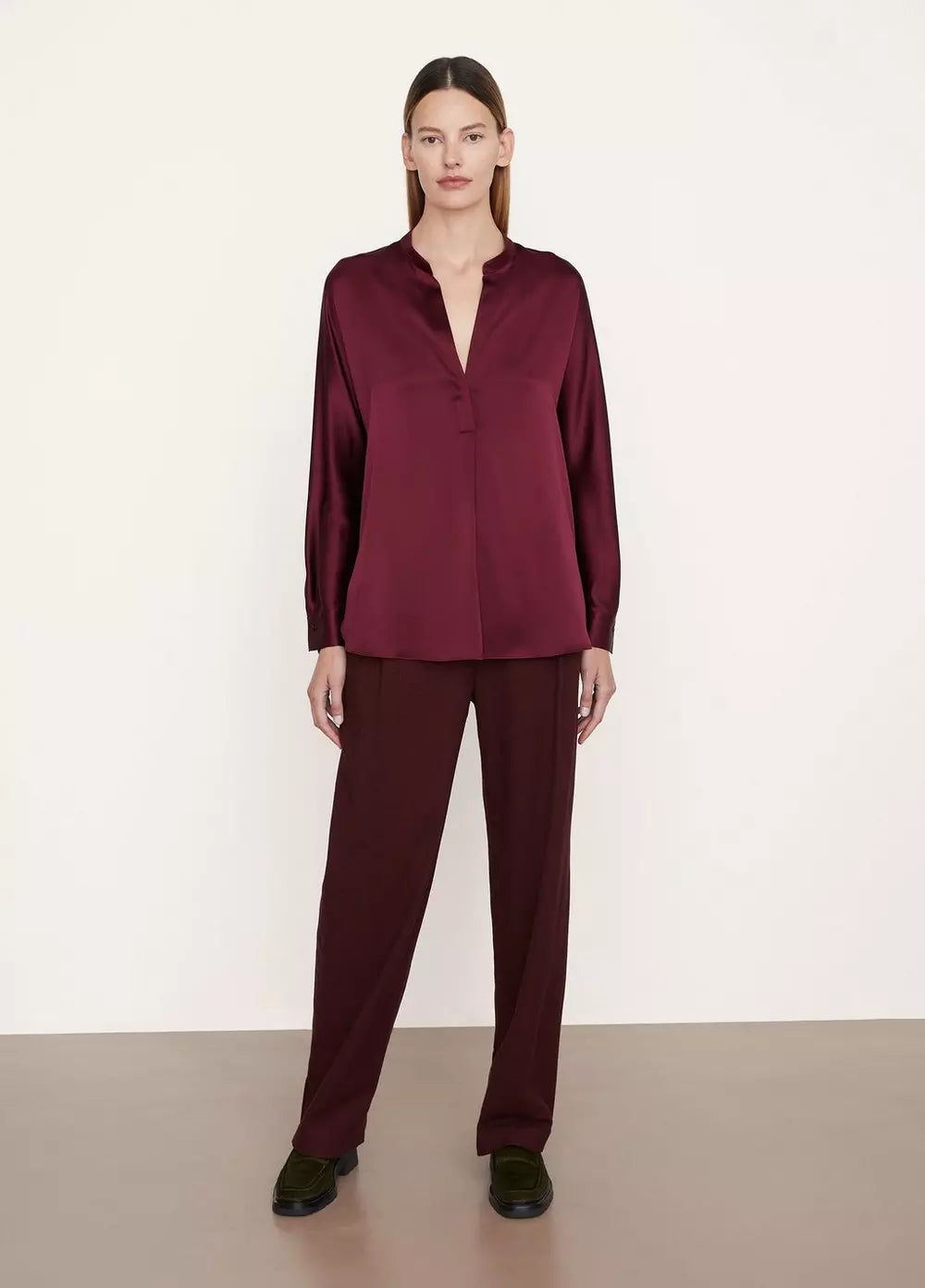 Elegant Band Collar Silk Blouse for Women - Soft Plum Wine Color - Perfect for Office Wear, Evening Parties & Special Occasions