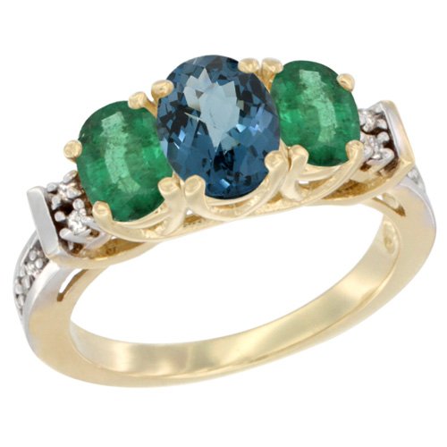 10K Yellow Gold Natural London Blue Topaz & Emerald Ring with 3-Stone Oval Diamond Accent - Elegant Jewelry for Weddings, Anniversaries & Special Occasions