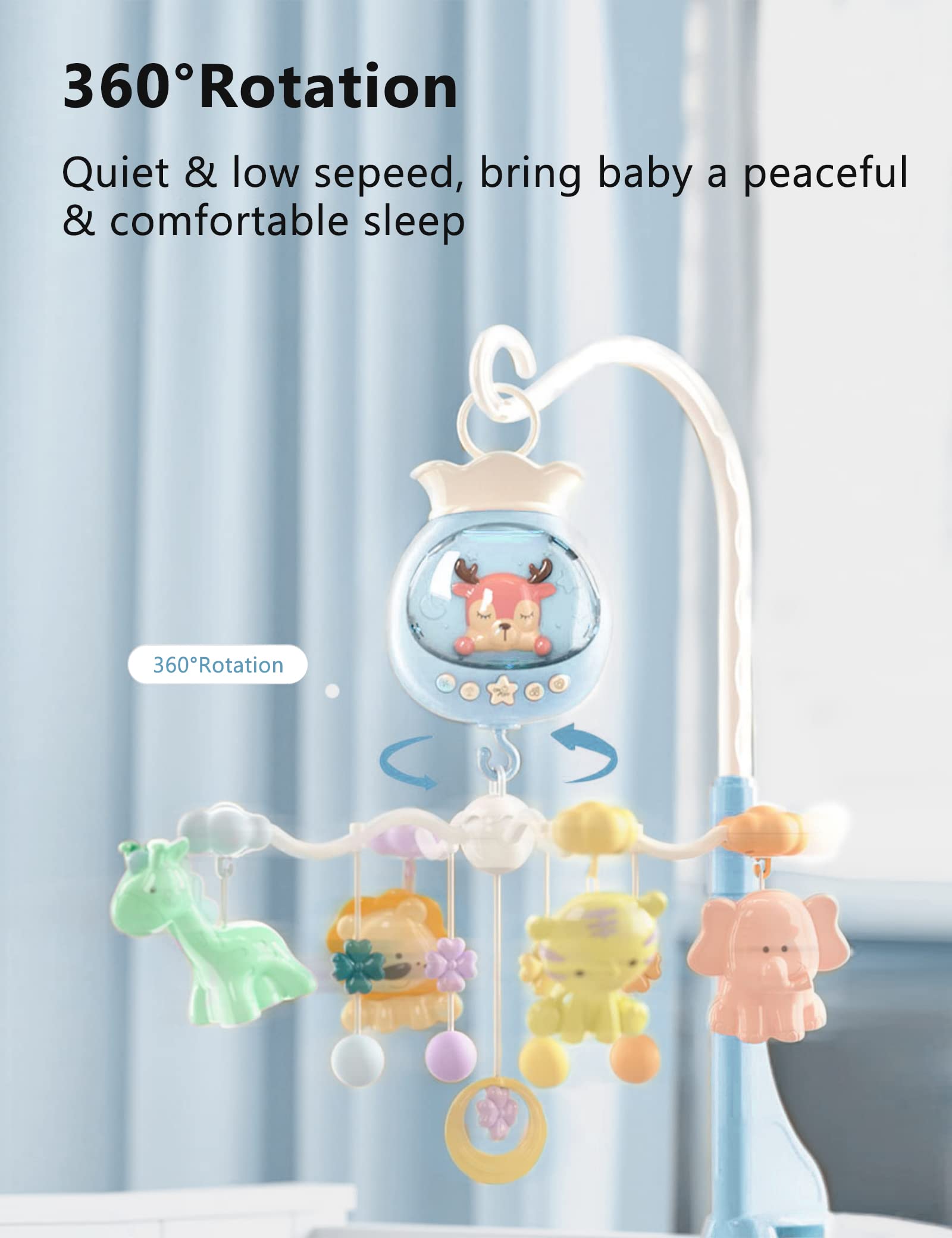**Baby Crib Mobile with Music & Lights - Remote Control Hanging Rotating Animal Rattles, 50 Lullabies & Timer - Cartoon Nursery Toy for Girls & Boys (Baby Blue) - Perfect for Soothing & Entertaining Infants**
