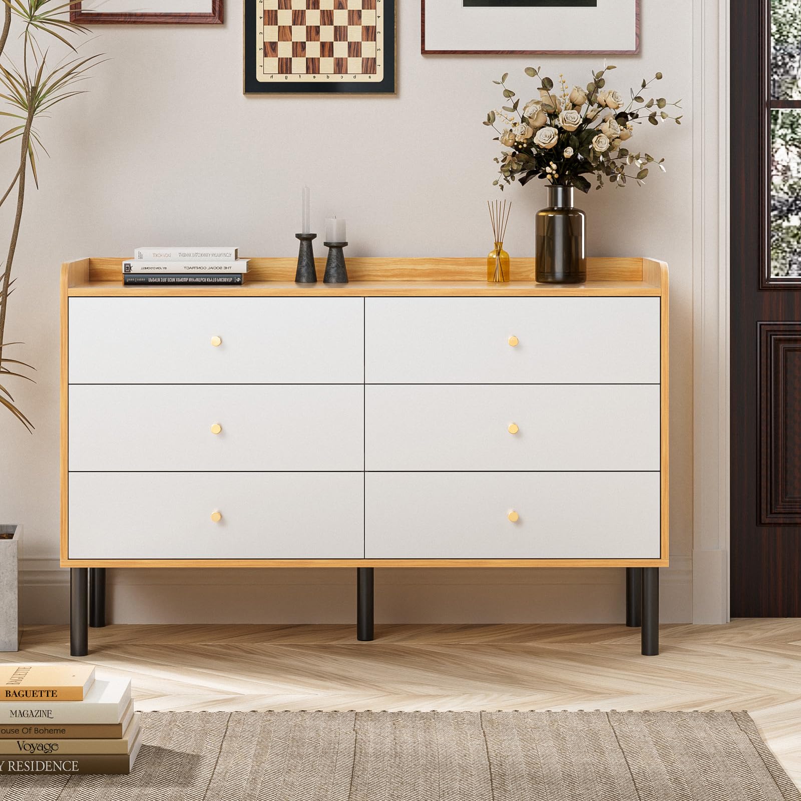 LYNSOM 6-Drawer Natural Wood Dresser for Bedroom - Modern Wide Drawer Storage with Metal Handles - Sturdy Chest of Drawers for Hallway, Entryway, Living Room & Bedroom Organization