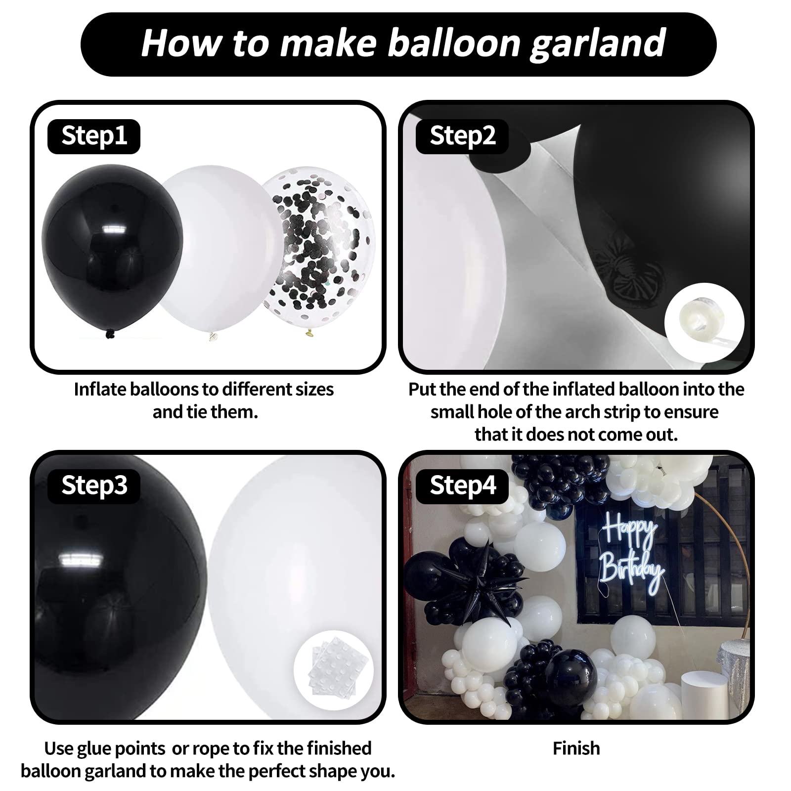 Black and White Balloon Garland Kit - 124Pcs Arch Kit with Confetti Balloons, Durable Latex Balloons for Birthday, Wedding, Anniversary Decorations | Perfect for Party Backdrops, Baby Showers & Graduation Celebrations