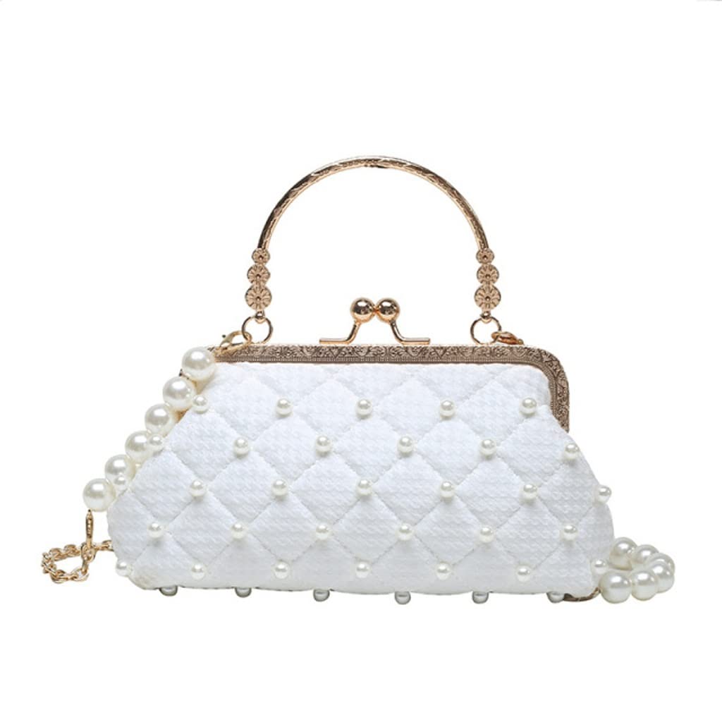 Elegant Women's Pearl Chain Evening Clutch Bag with Metal Handle & Diamond Lattice Design - Perfect for Weddings, Parties & Special Occasions (White, One Size)