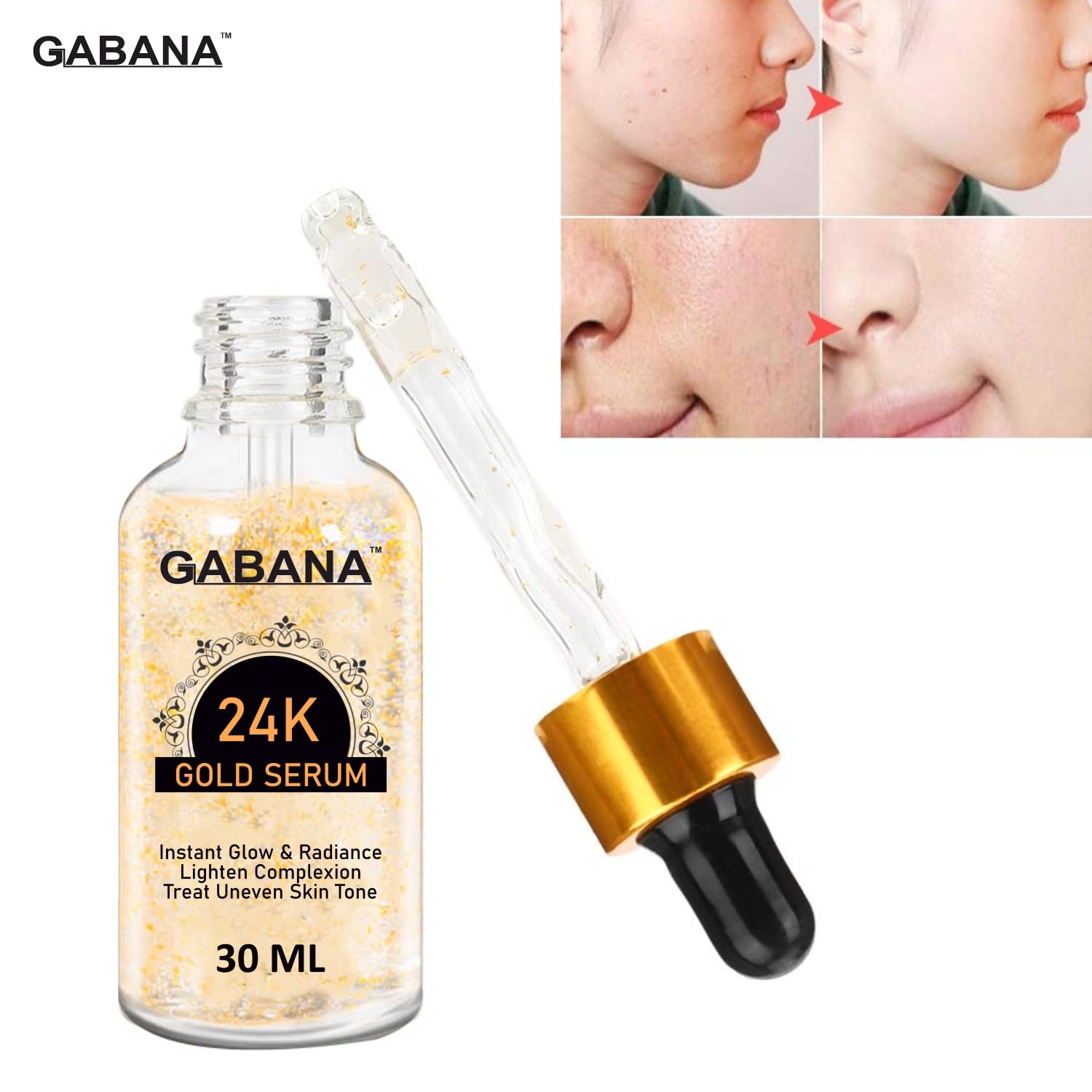 GABANA 24K Gold Facial Serum for Men & Women - 30ml Anti-Aging, Brightening & Acne Treatment - Reduces Dark Spots & Uneven Skin Tone for Instant Glow | Perfect for Daily Skincare Routine & Nighttime Use
