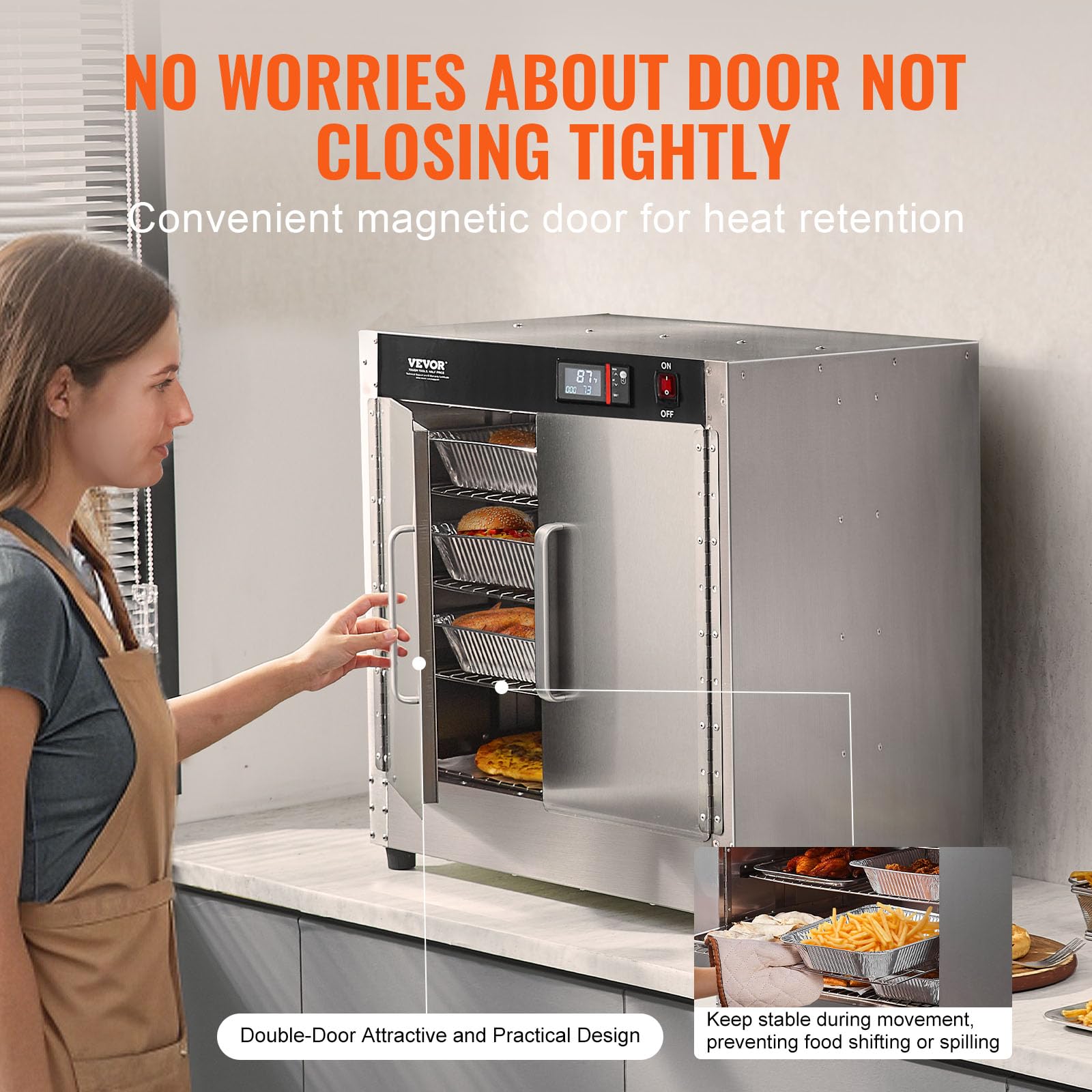 VEVOR 4-Tier Commercial Food Warmer Cabinet - Stainless Steel Concession Warmer with Water Tray, 4 Pans & Adjustable Shelves - Perfect for Restaurants, Catering & Pizza Shops - Keep Pizza, Chicken & Meals Hot for Serving