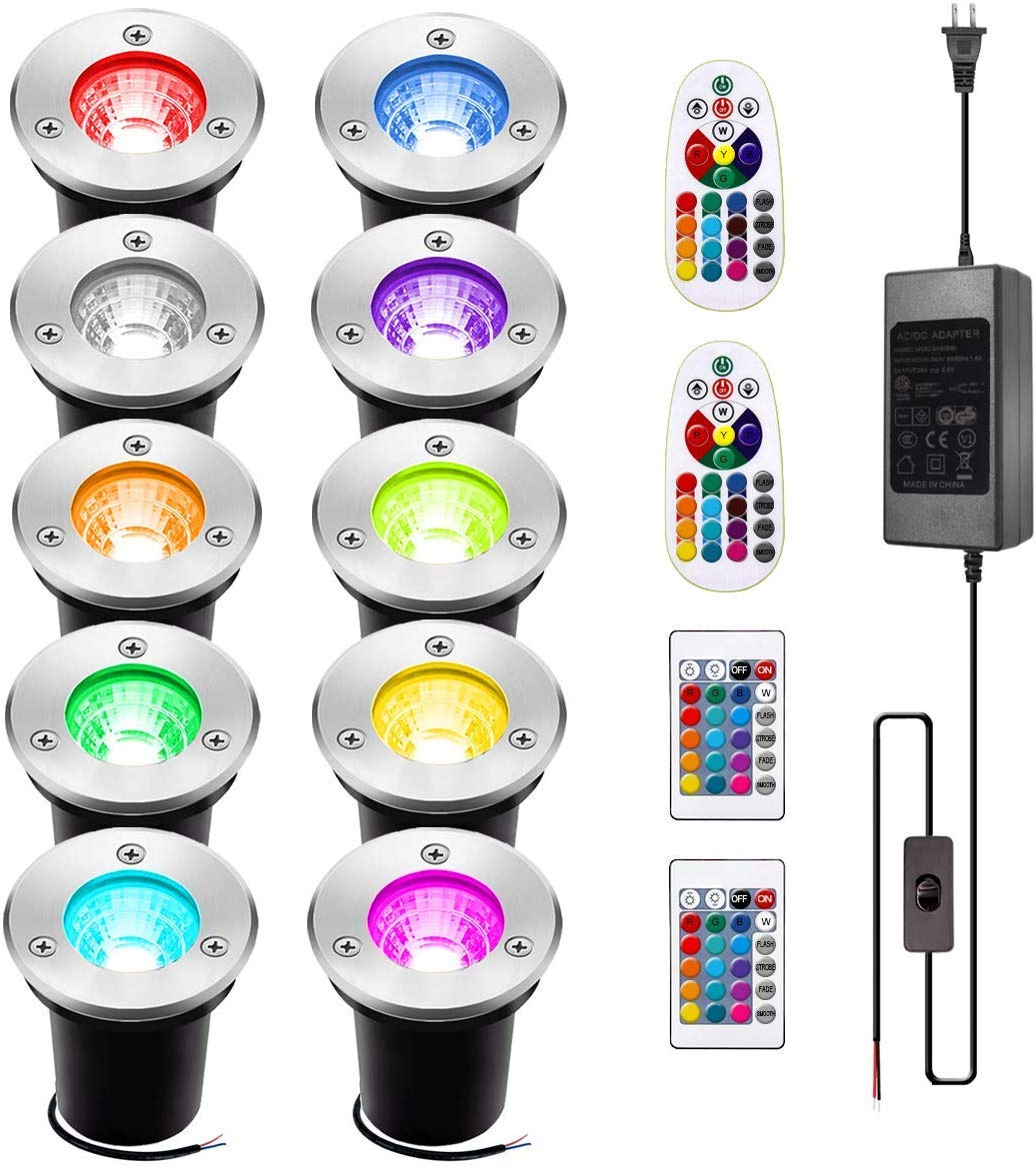 INNERWILL 12V 3W RGB Color Changing LED Landscape Lights - Low Voltage Well Lights with Transformer for Deck, Outdoor, Pond, Garden, Lawn & Pathway (10 Pack) | Perfect for Patio Lighting, Backyard Decor & Water Feature Illumination