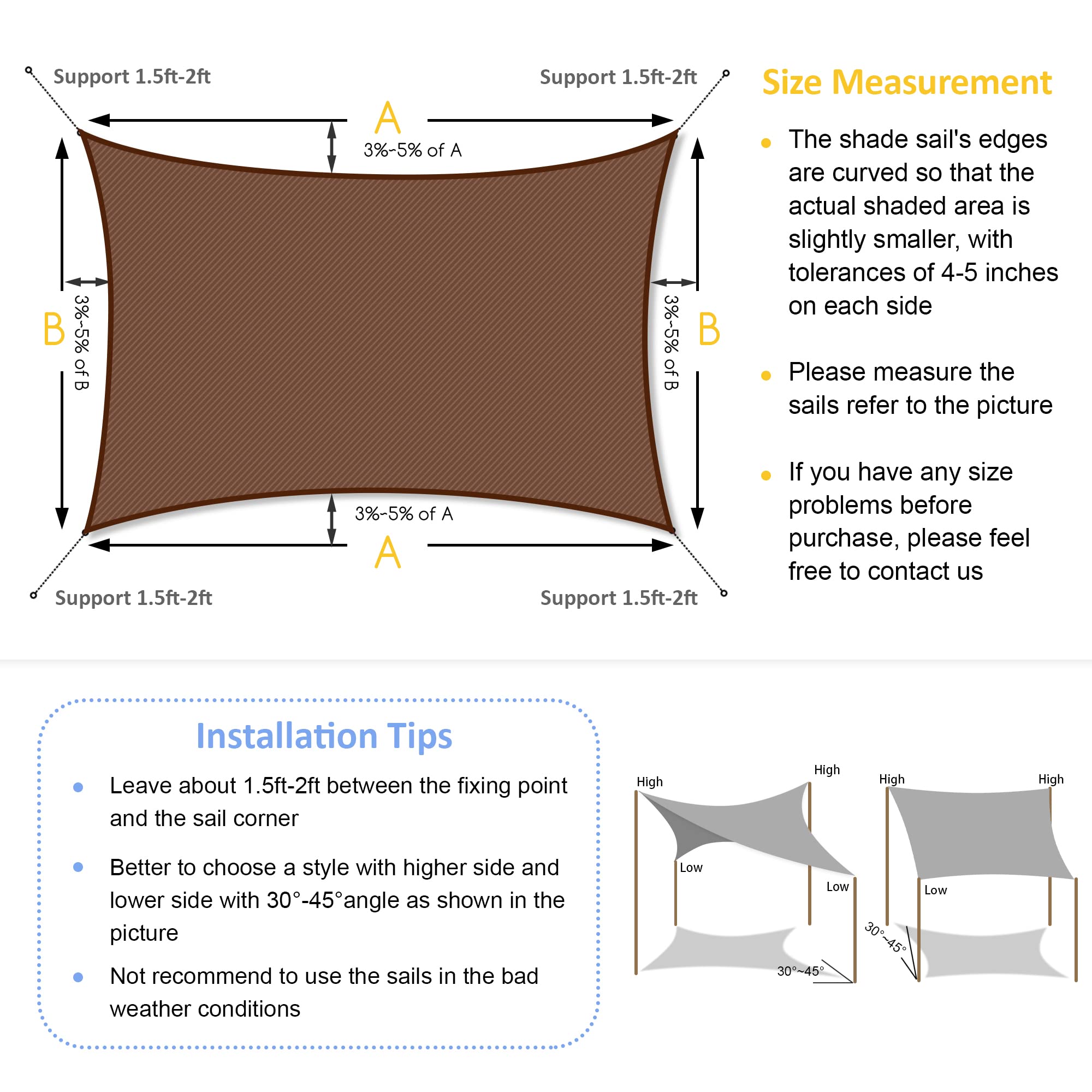 12x16ft Brown Rectangle Sun Shade Sail - Patio, Garden & Backyard Canopy Cover