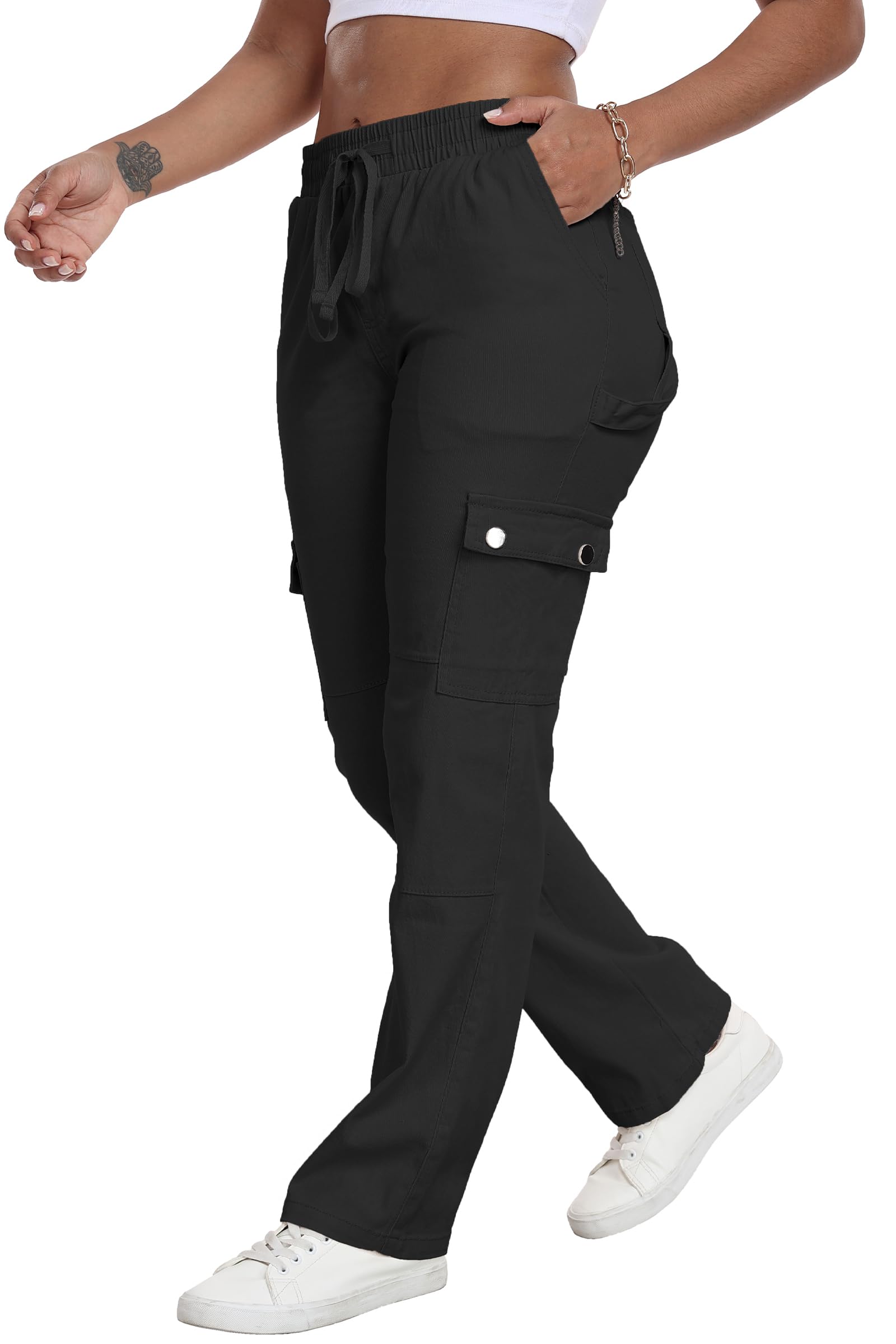 HVEPUO Women's Casual Straight Leg Cargo Pants - High Waisted Stretch Jeans with Pockets | Comfortable & Stylish for Work, Travel & Everyday Wear