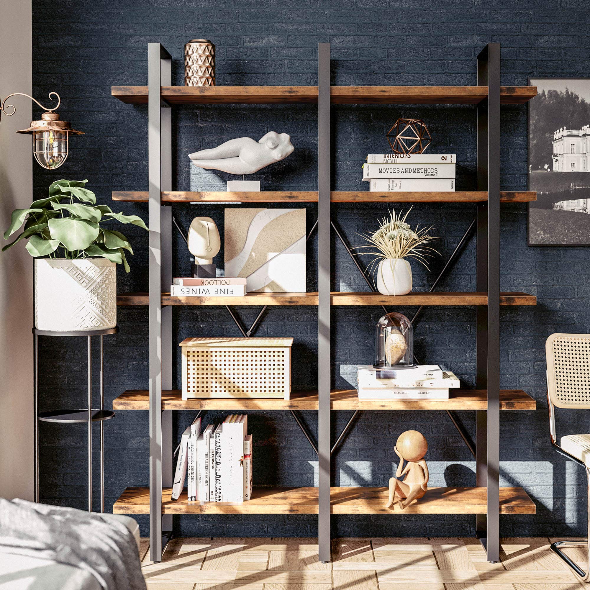 IRONCK 5-Tier Industrial Bookshelf - Double Wide Large Open Shelves for Home & Office - Wood & Metal Bookcase - Easy Assembly - Perfect for Living Room, Bedroom & Study Organization