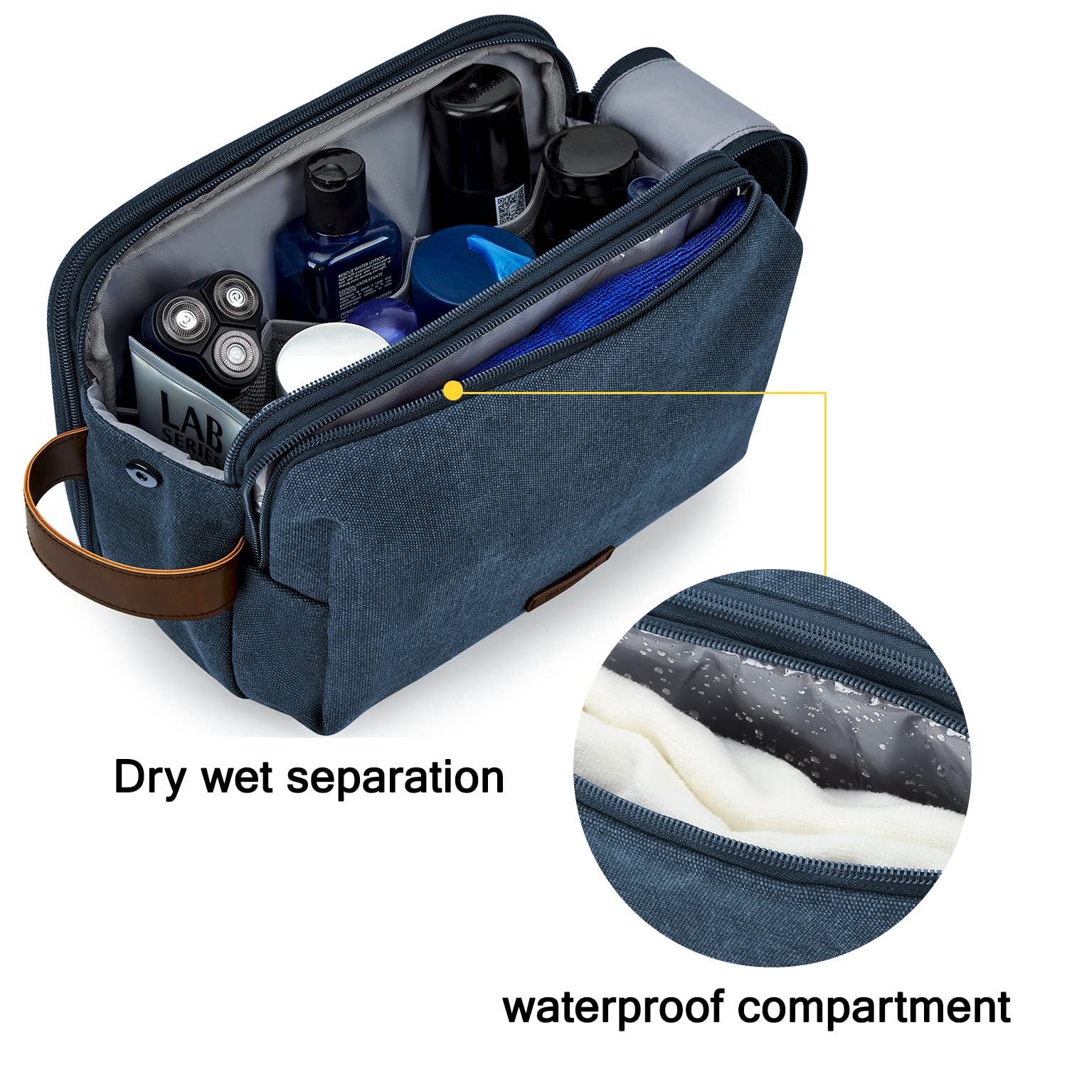 BAGSMART Large Water-resistant Canvas Toiletry Bag for Men - Travel Shaving Dopp Kit Organizer with Multiple Pockets, Navy Blue - Perfect for Gym, Camping & Business Trips