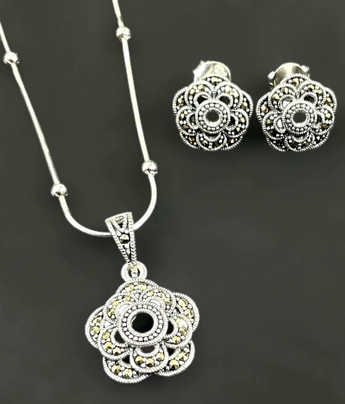 Amra Silver Marcasite Pendant Necklace Set - Elegant Jewelry Gift for Women - Perfect for Weddings, Parties & Special Occasions
